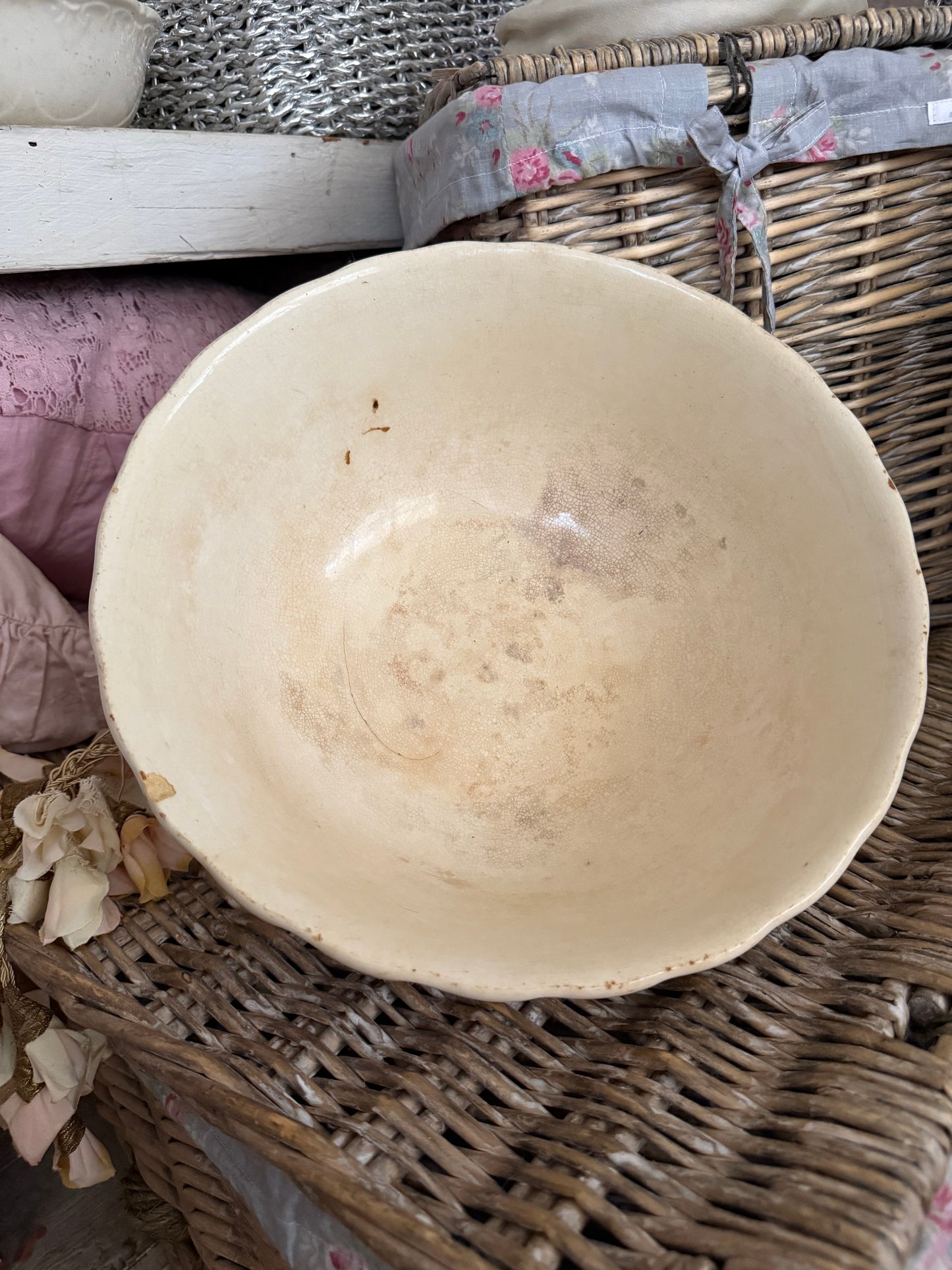 XL Antique 19th C Timeworn Ironstone Bowl