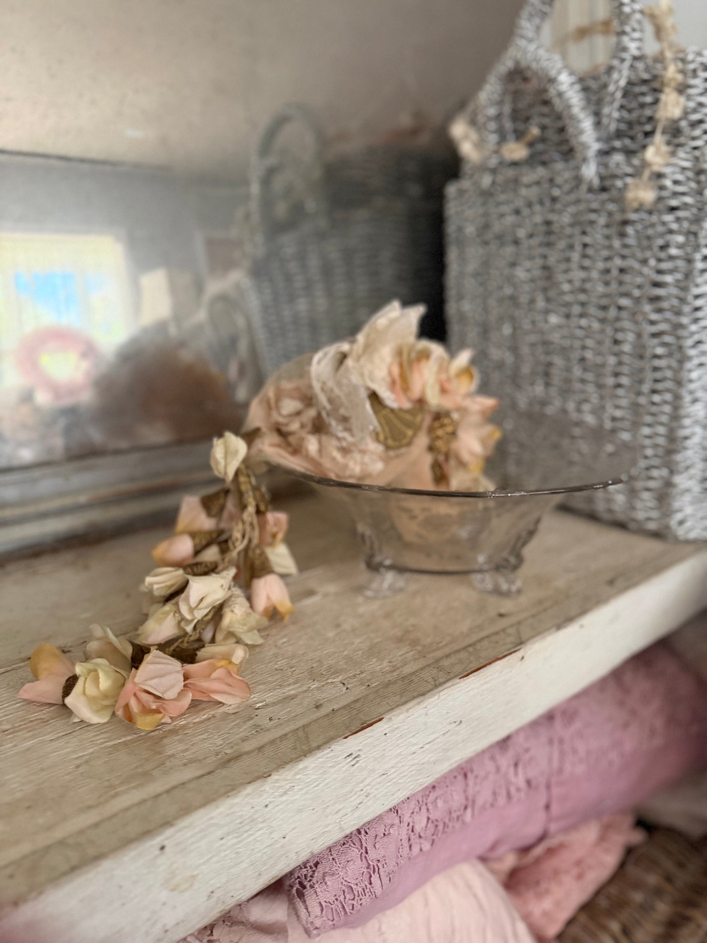 Antique Etched Rose Glass Footed Bowl