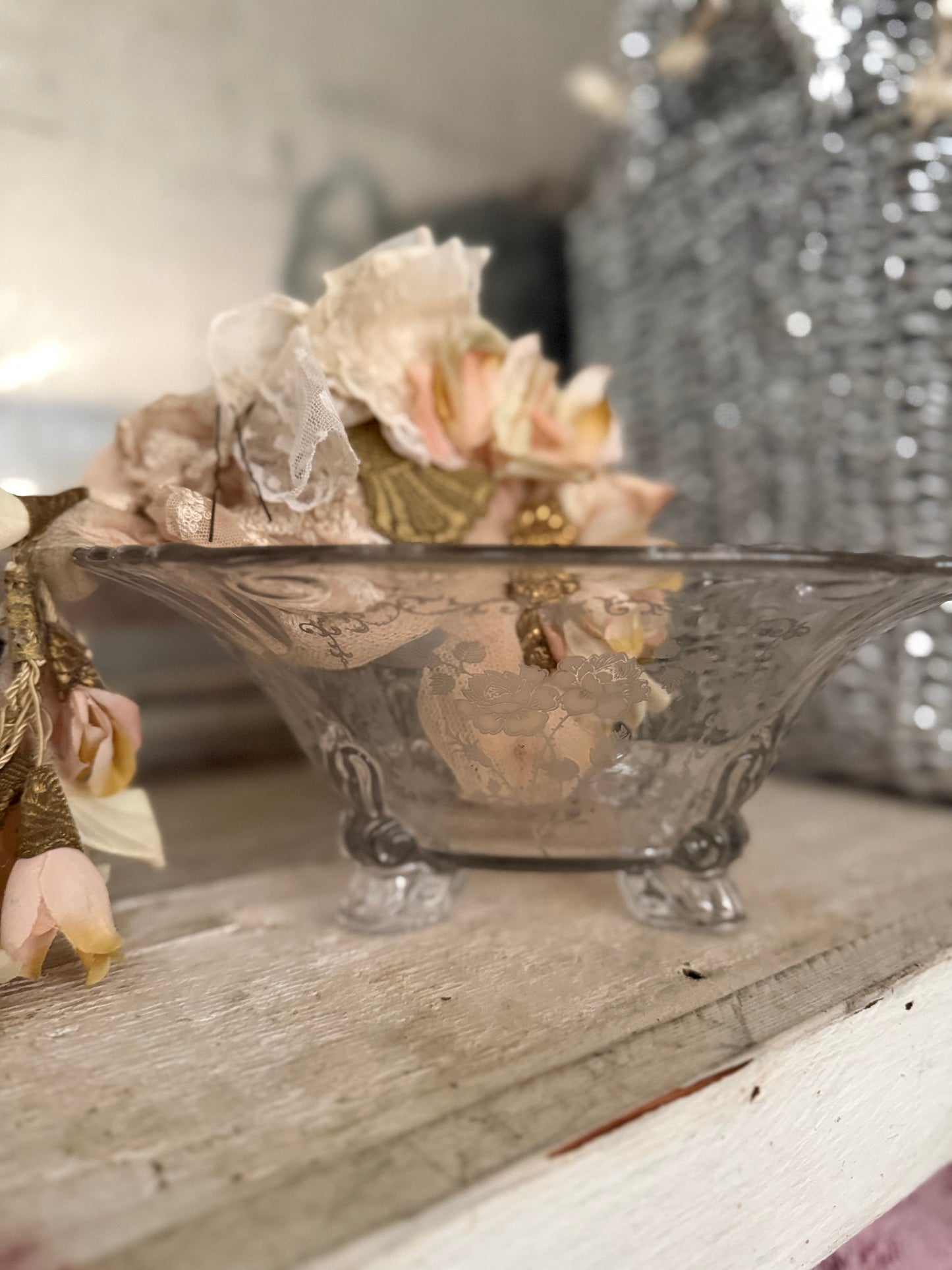 Antique Etched Rose Glass Footed Bowl