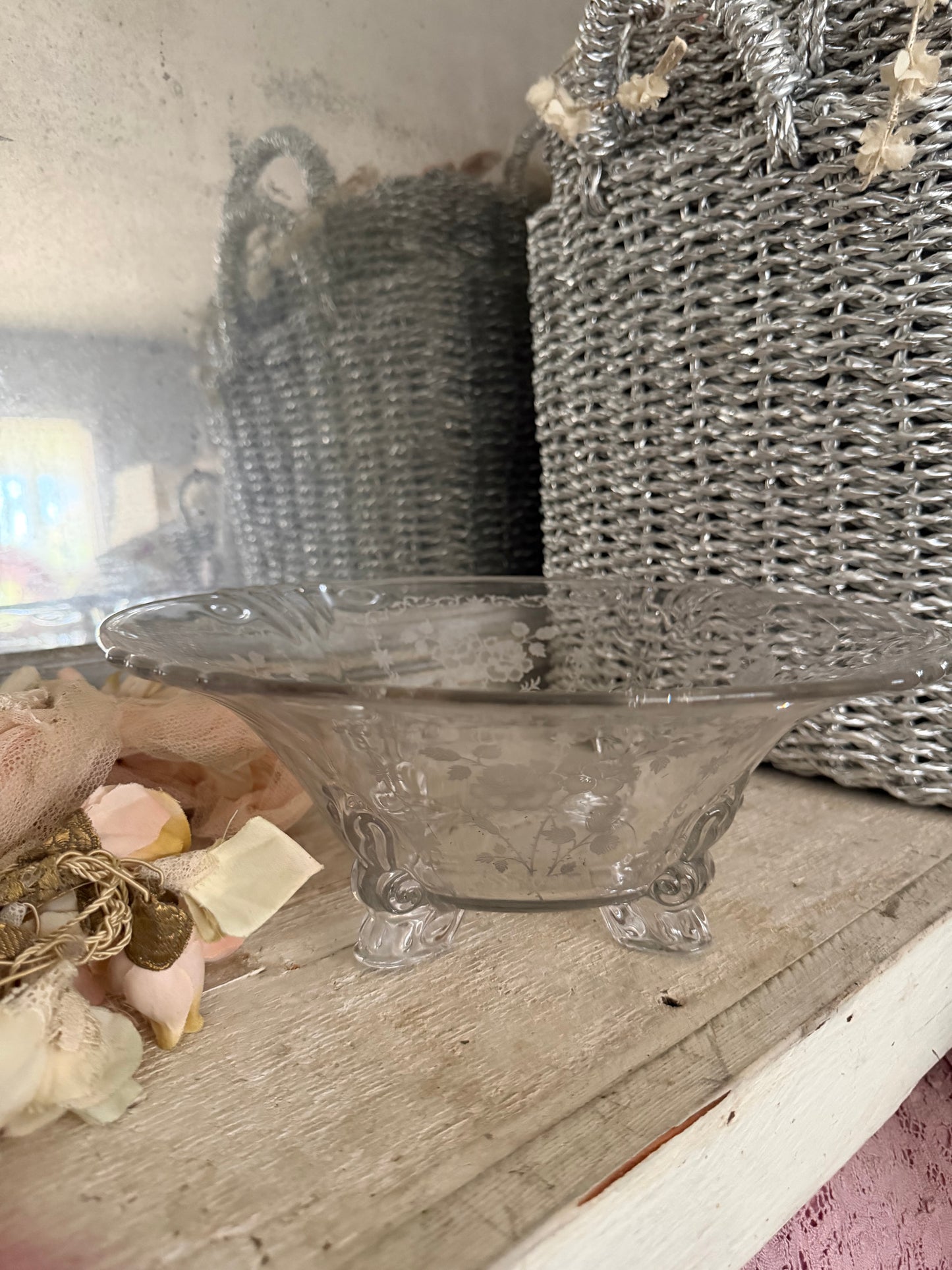 Antique Etched Rose Glass Footed Bowl
