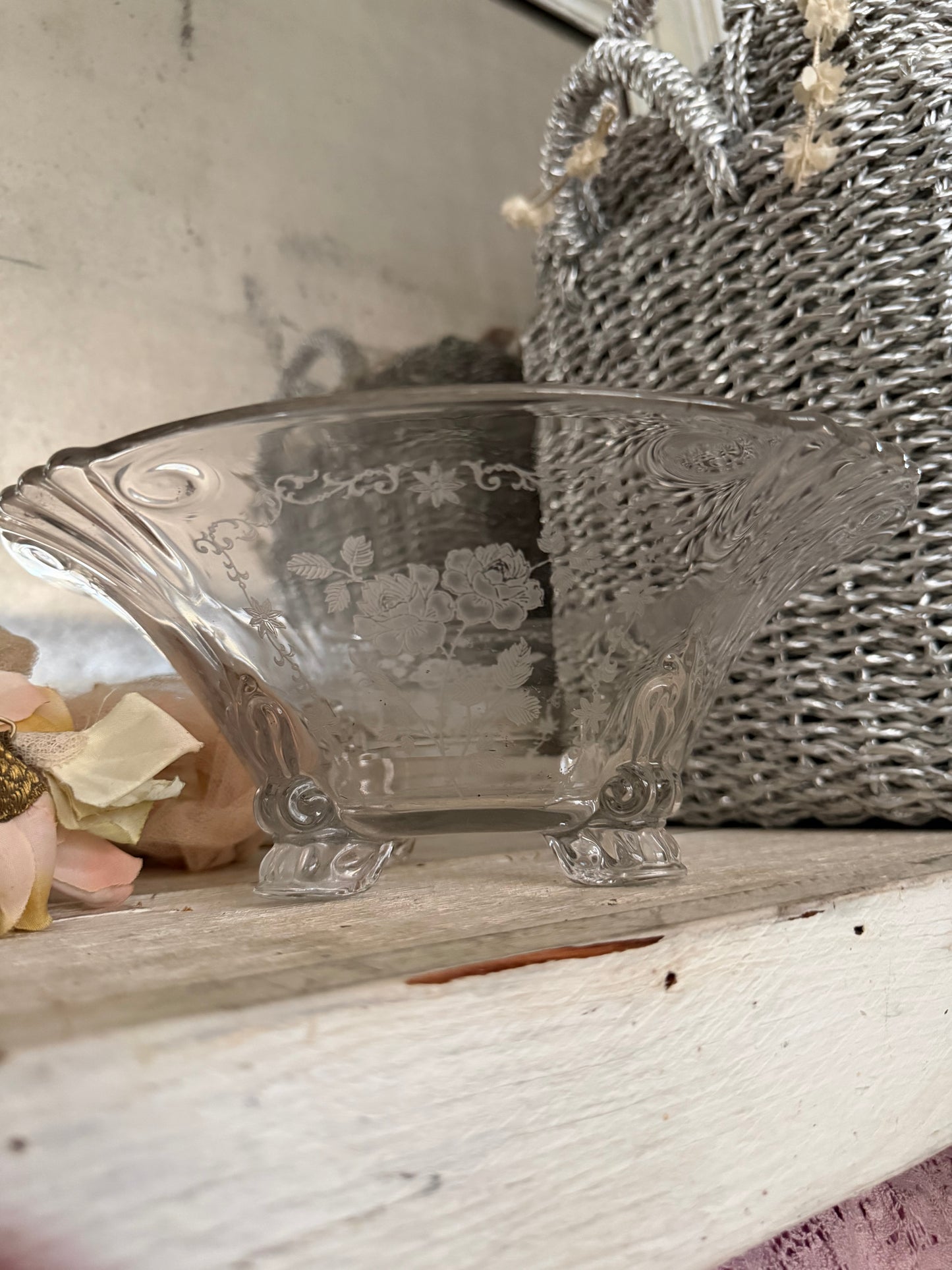 Antique Etched Rose Glass Footed Bowl