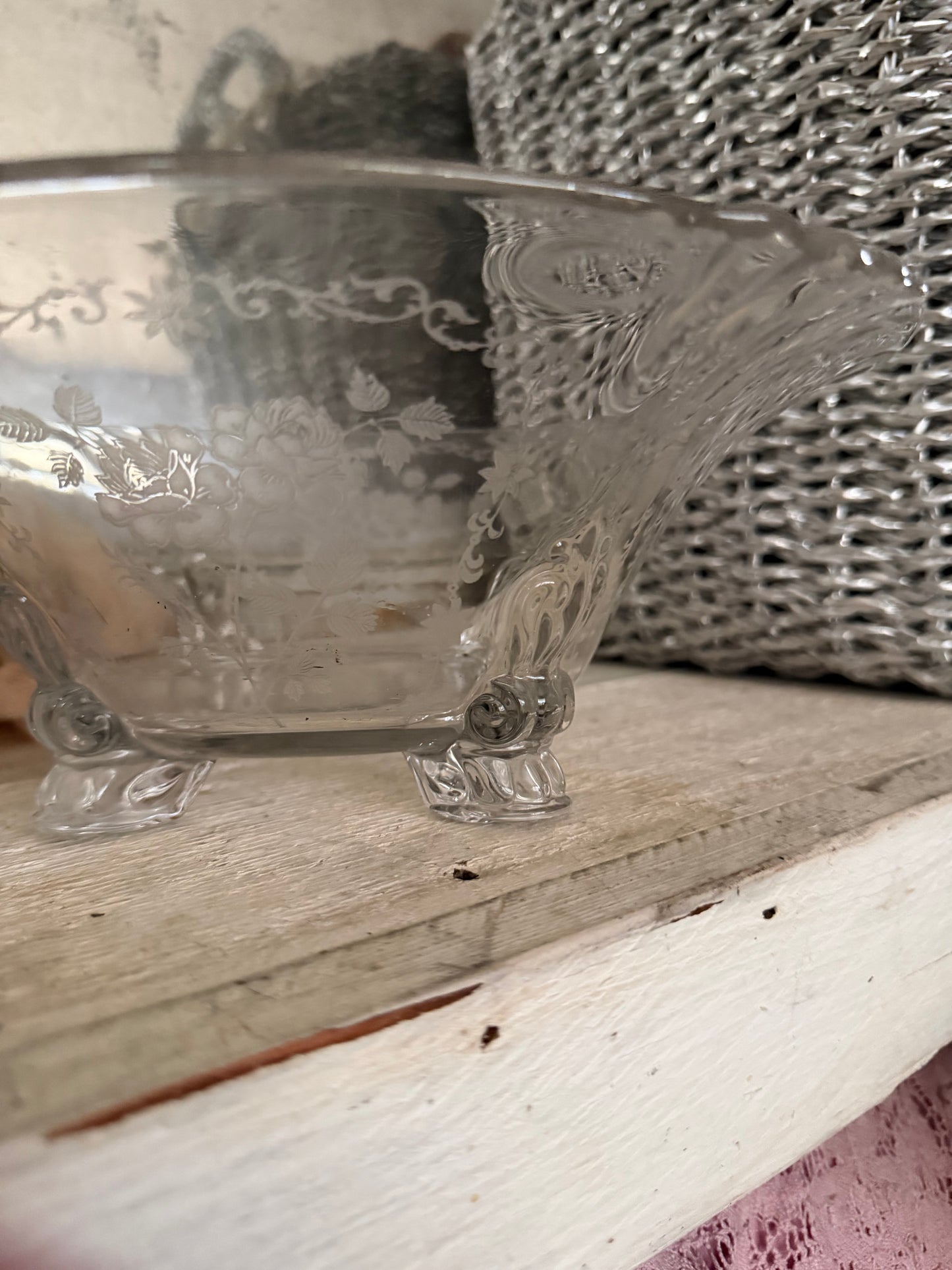 Antique Etched Rose Glass Footed Bowl