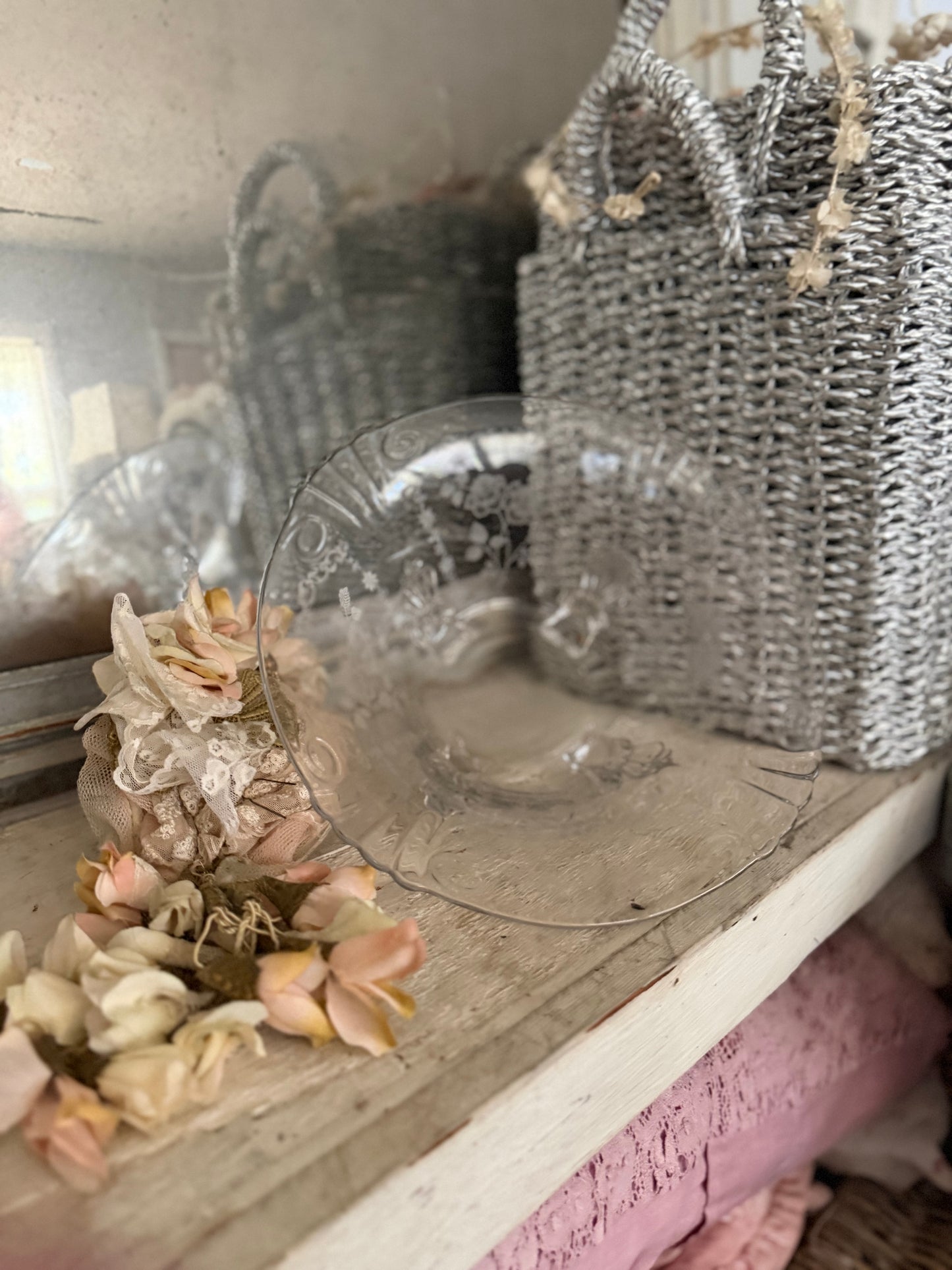 Antique Etched Rose Glass Footed Bowl