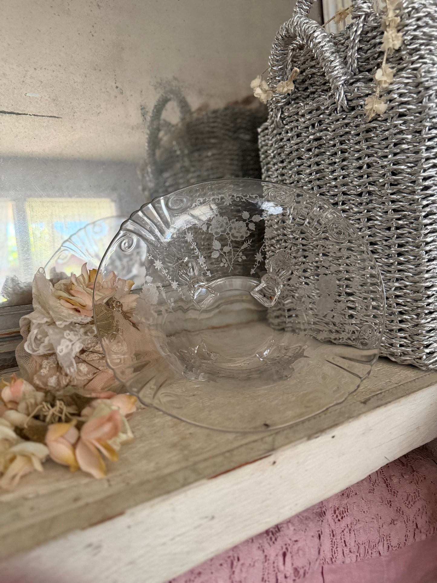 Antique Etched Rose Glass Footed Bowl