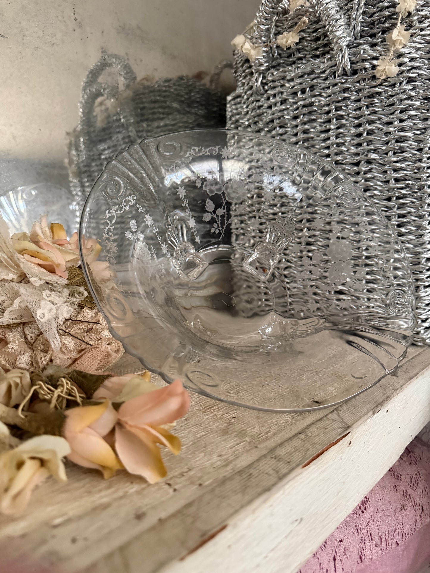 Antique Etched Rose Glass Footed Bowl