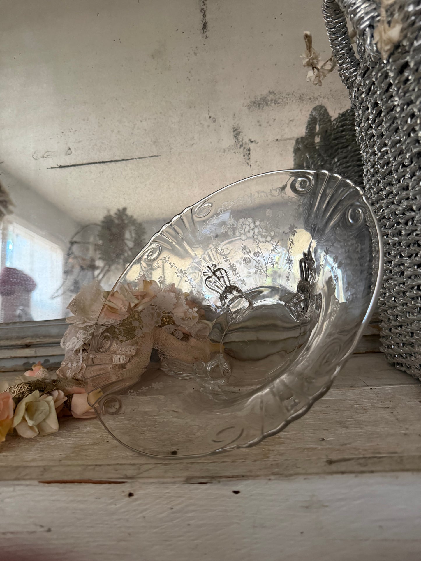 Antique Etched Rose Glass Footed Bowl