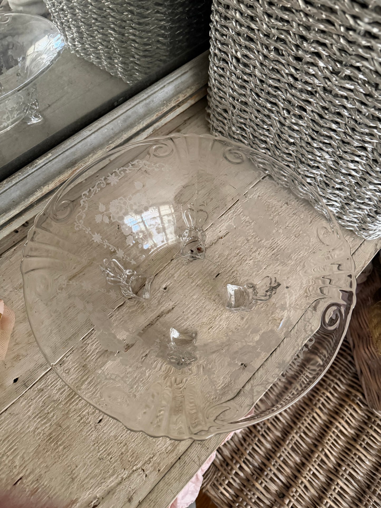 Antique Etched Rose Glass Footed Bowl