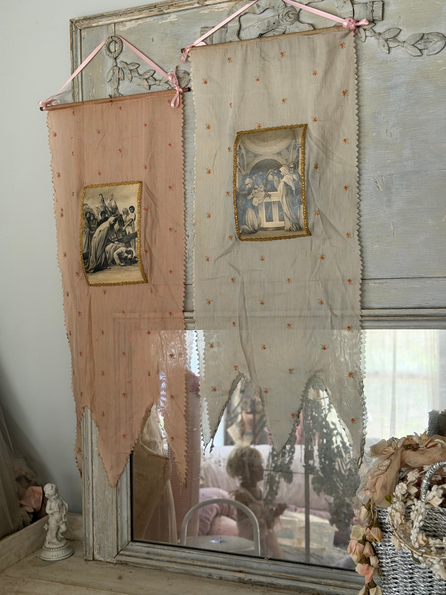 Antique French Pastel Blue Pink Floral Embroidered Banner