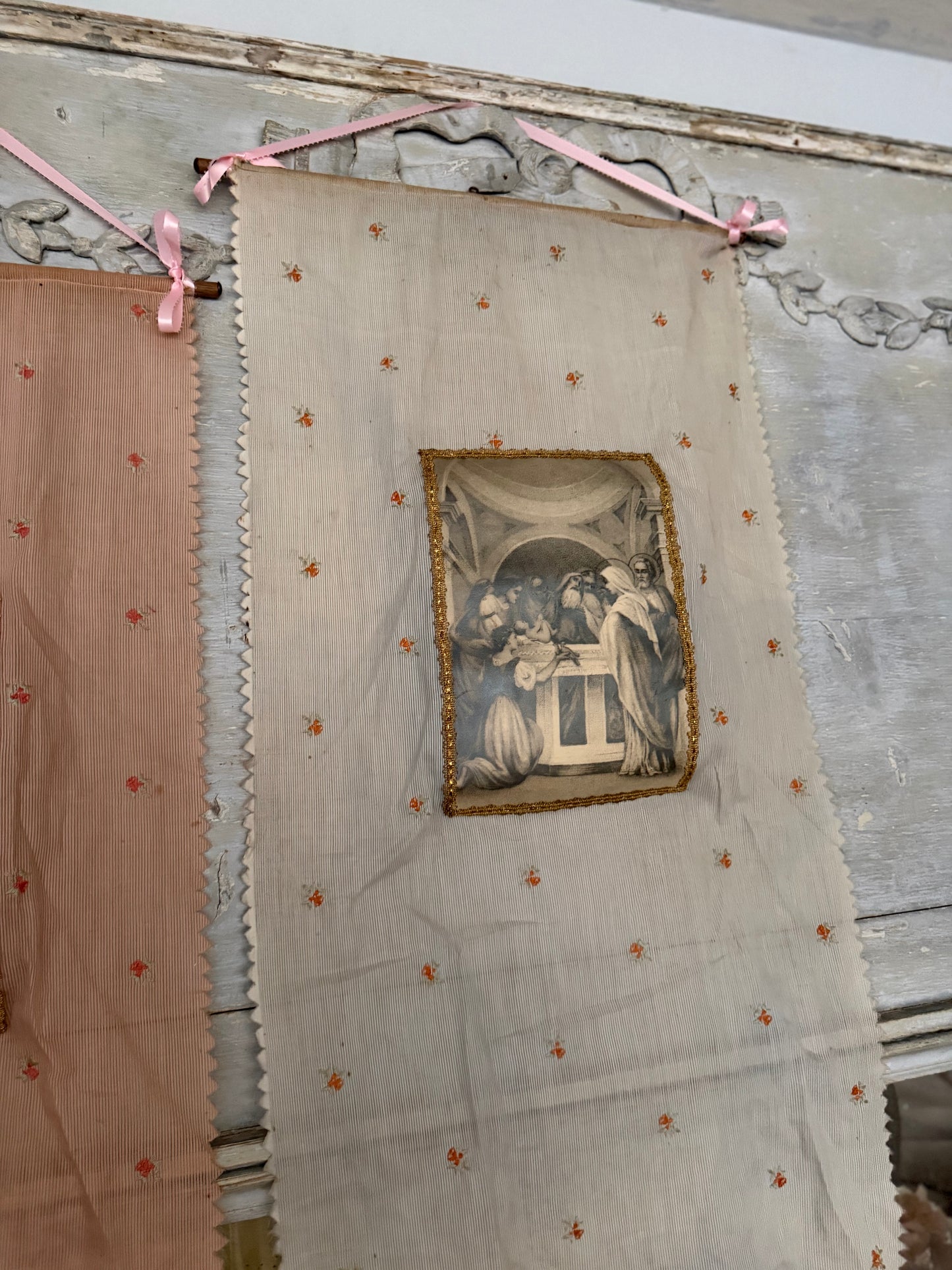 Antique French Pastel Blue Pink Floral Embroidered Banner