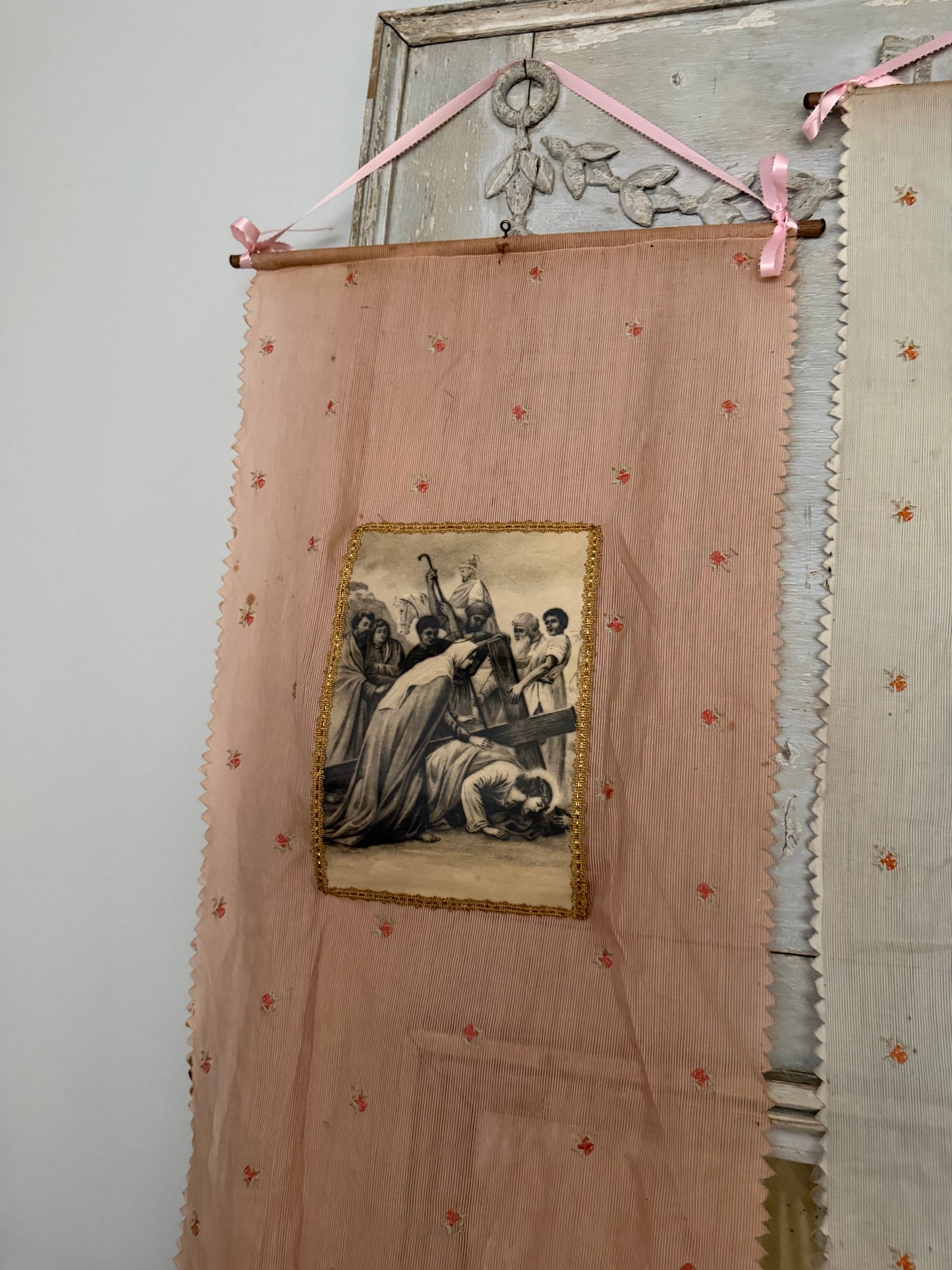 Antique French Pastel Blue Pink Floral Embroidered Banner