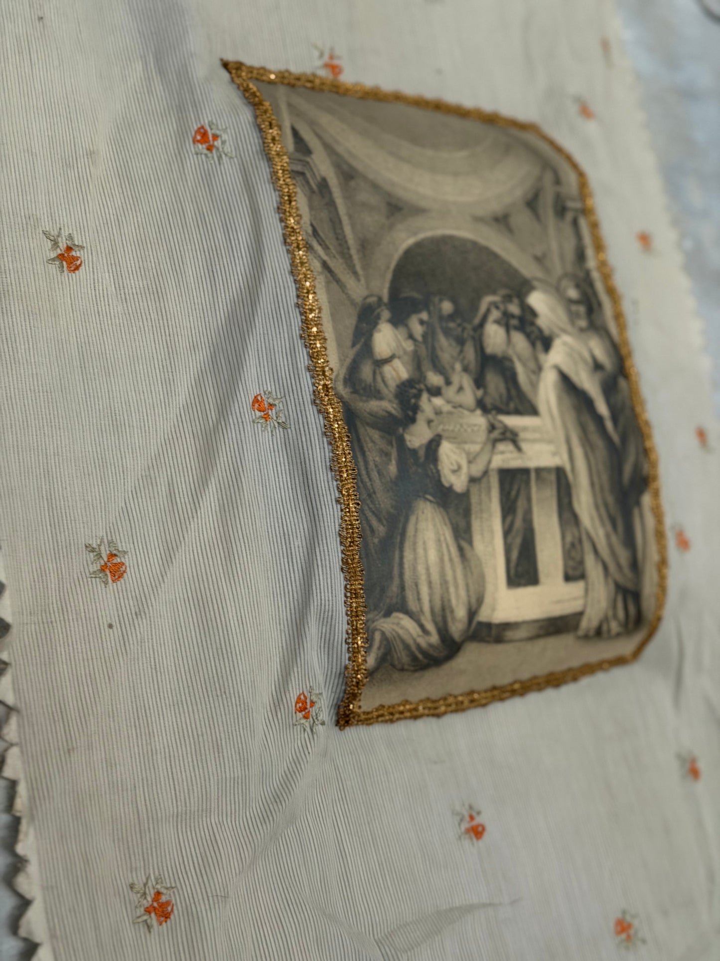 Antique French Pastel Blue Pink Floral Embroidered Banner