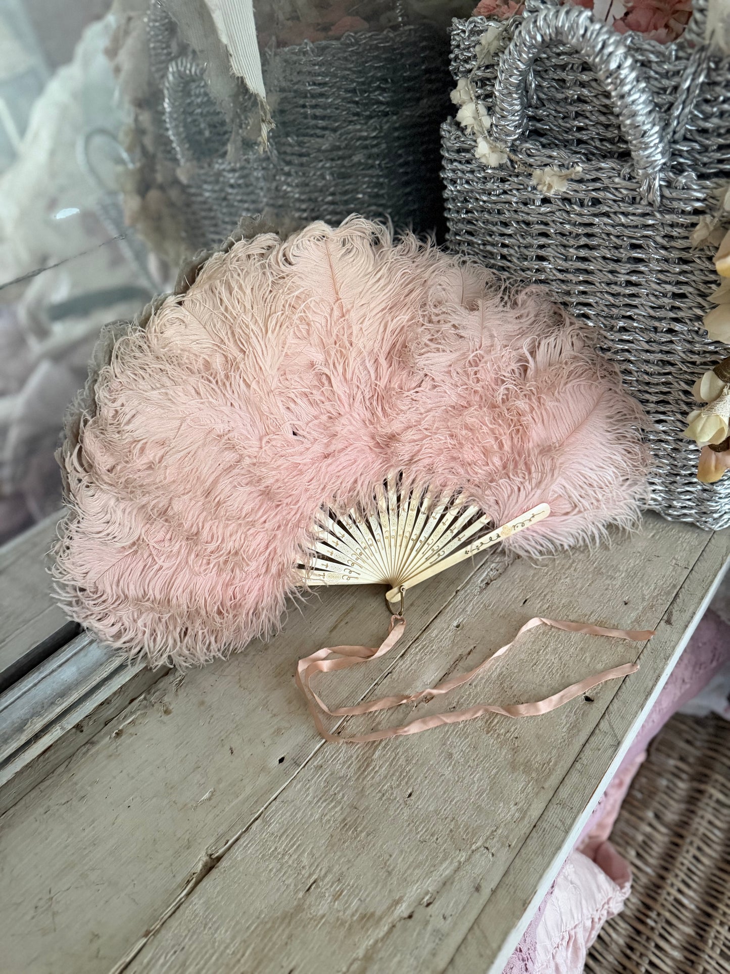 Antique Victorian Pink Feather Fan