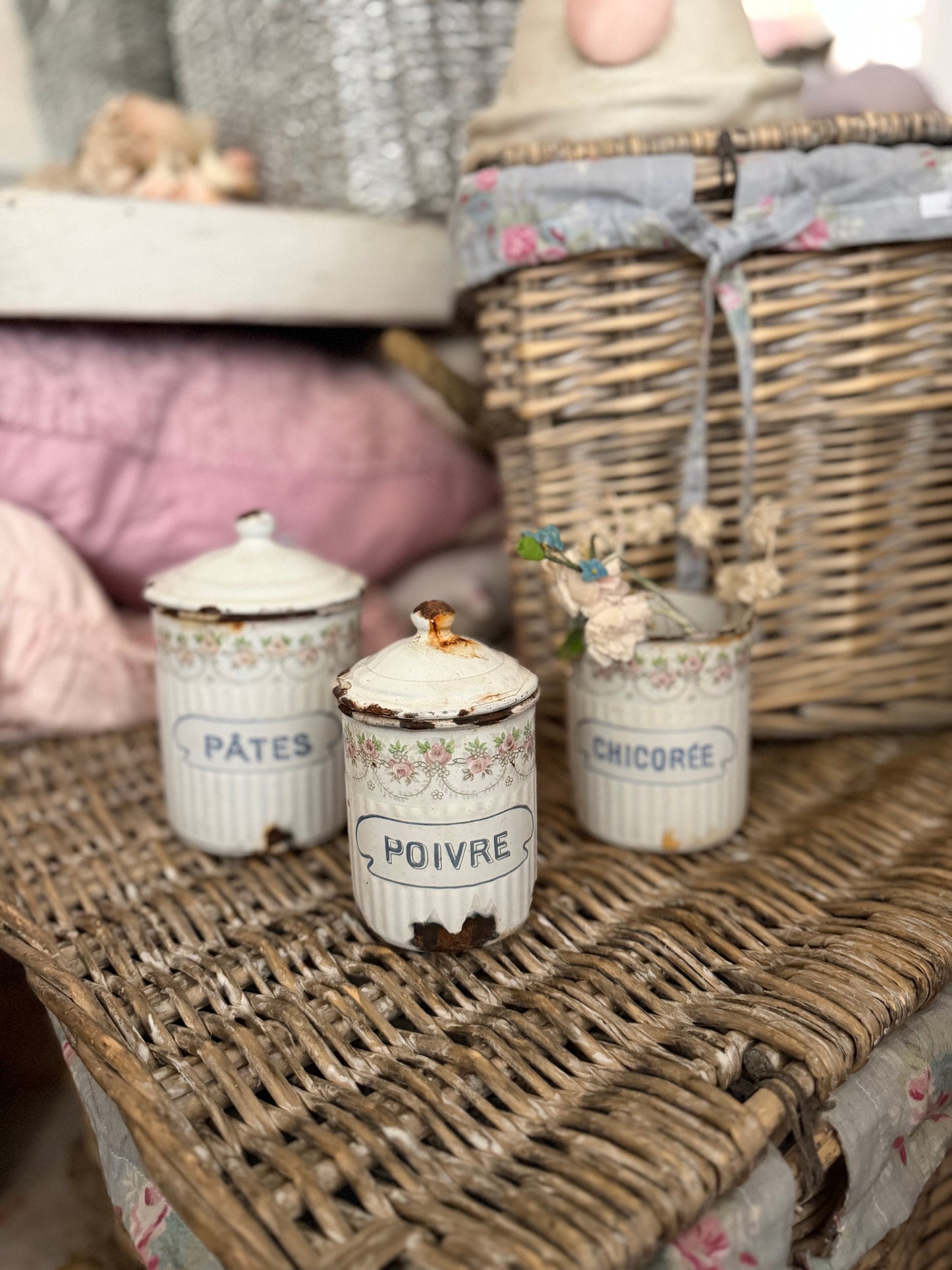 Antique French Floral Enamel Canister Set
