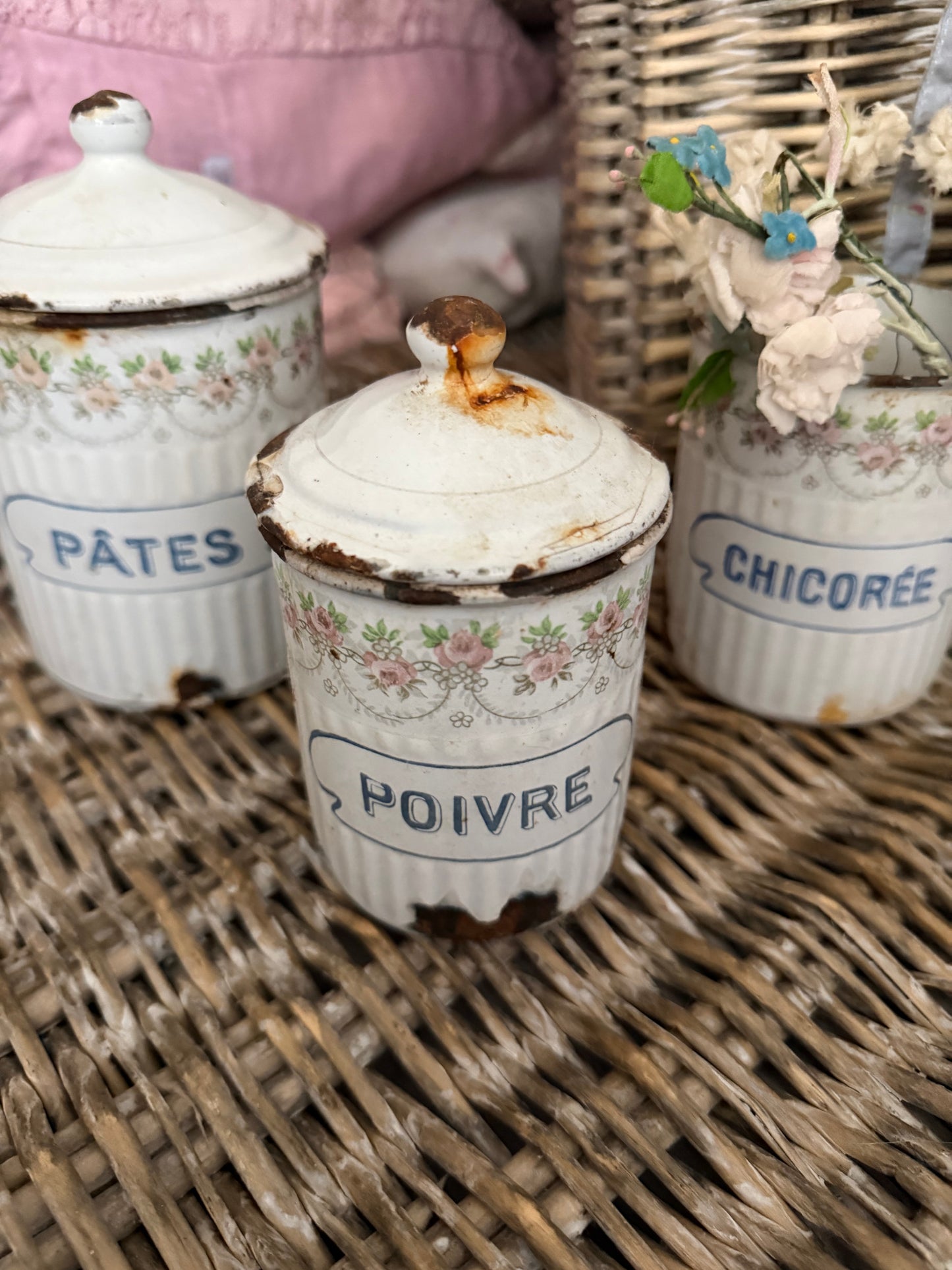 Antique French Floral Enamel Canister Set