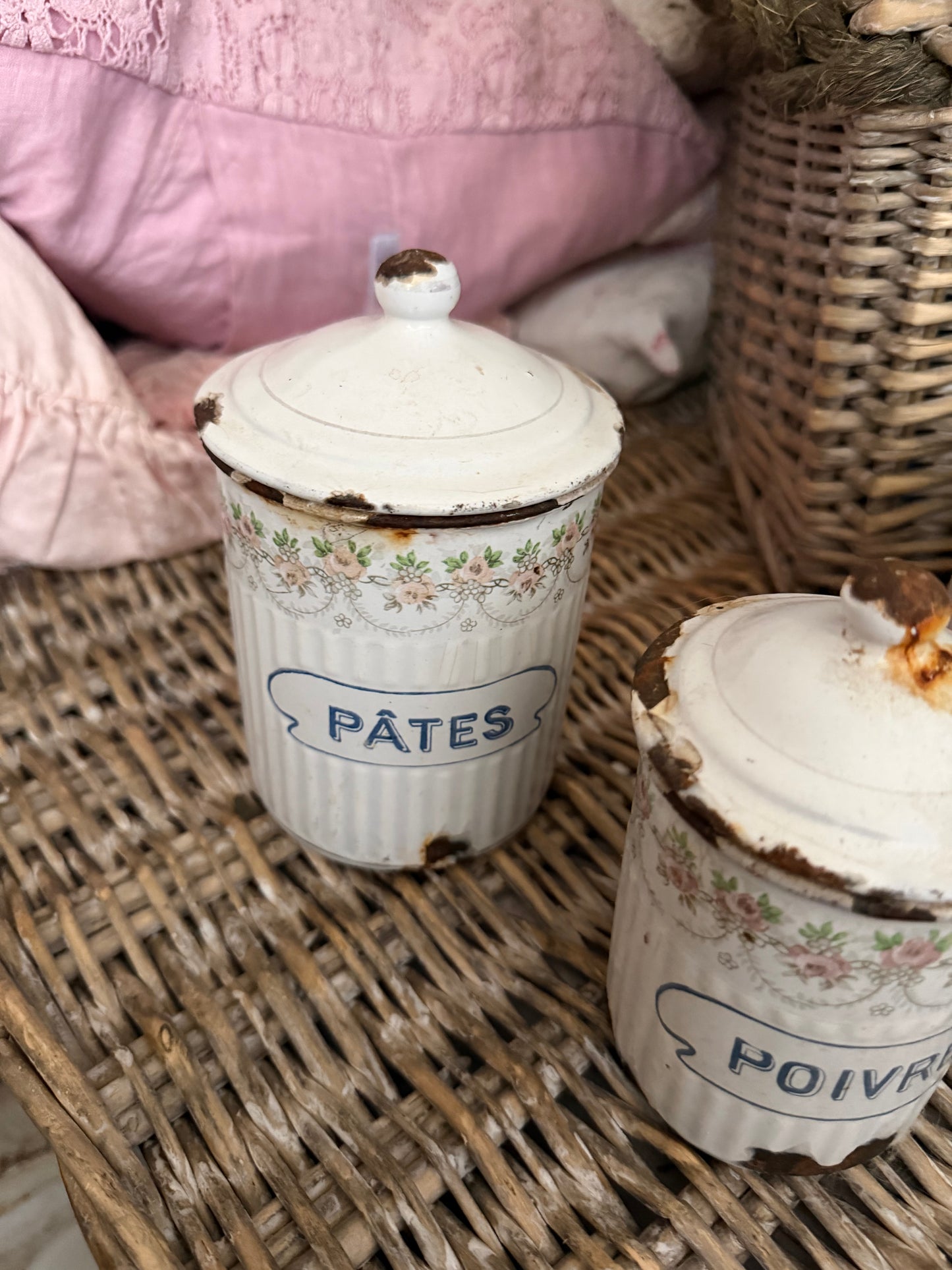 Antique French Floral Enamel Canister Set