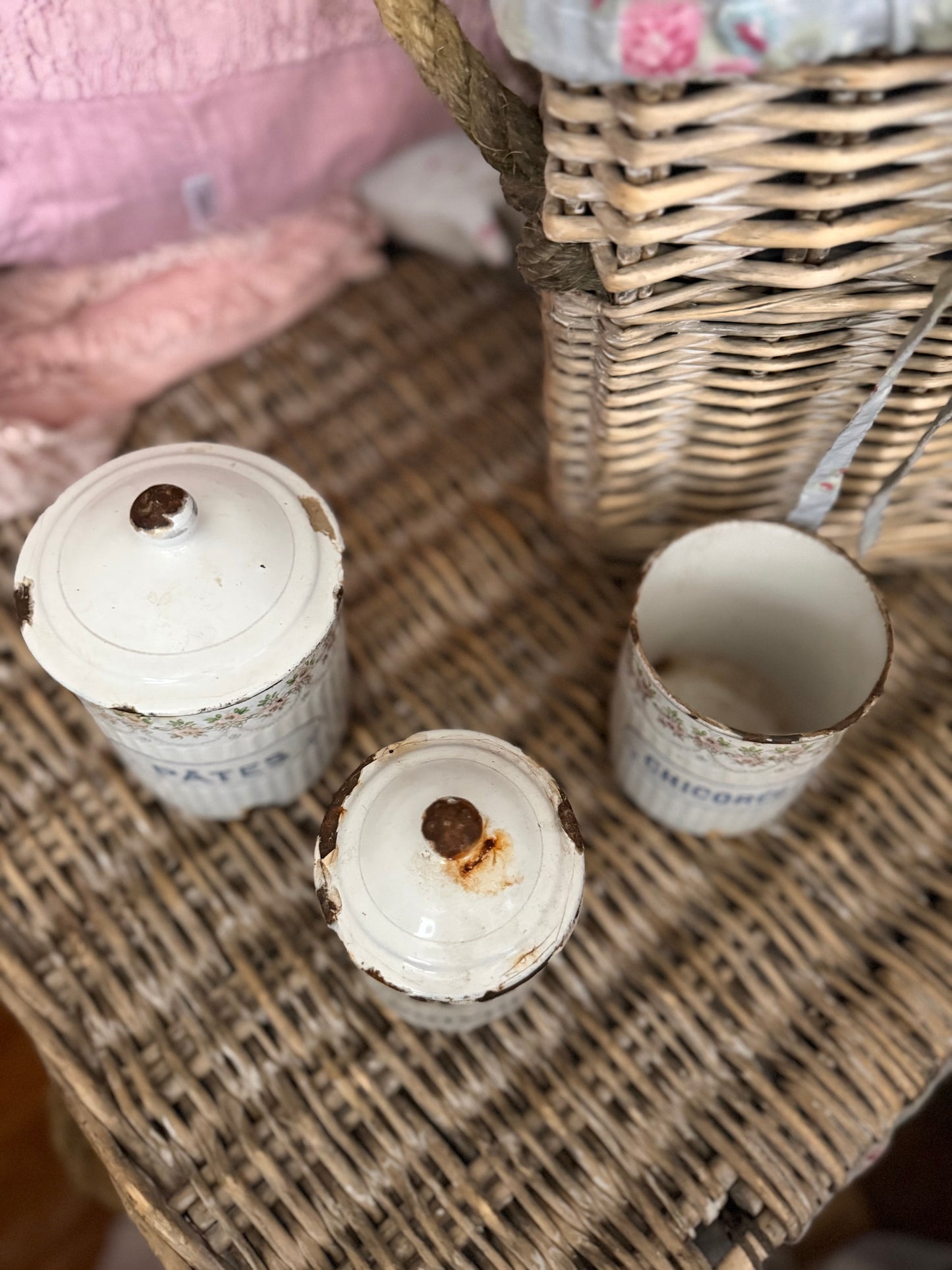 Antique French Floral Enamel Canister Set
