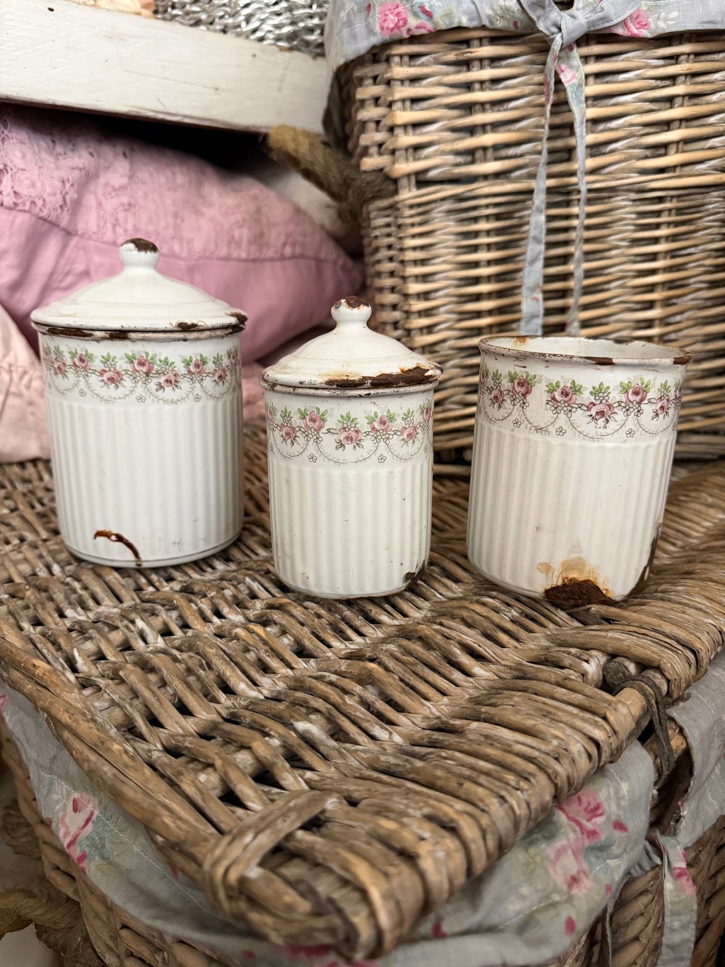 Antique French Floral Enamel Canister Set