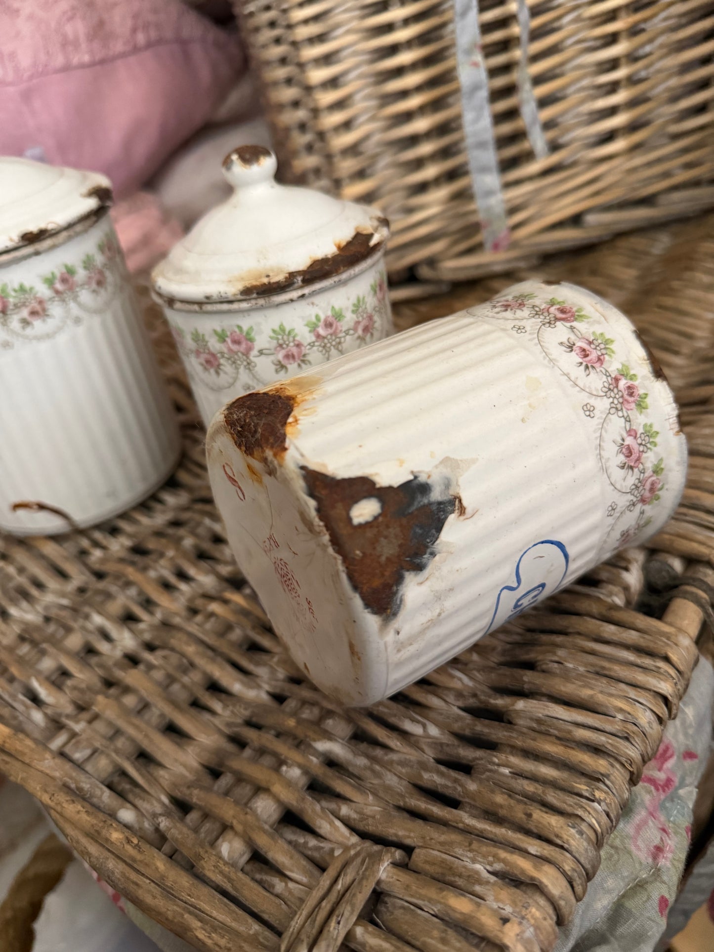 Antique French Floral Enamel Canister Set