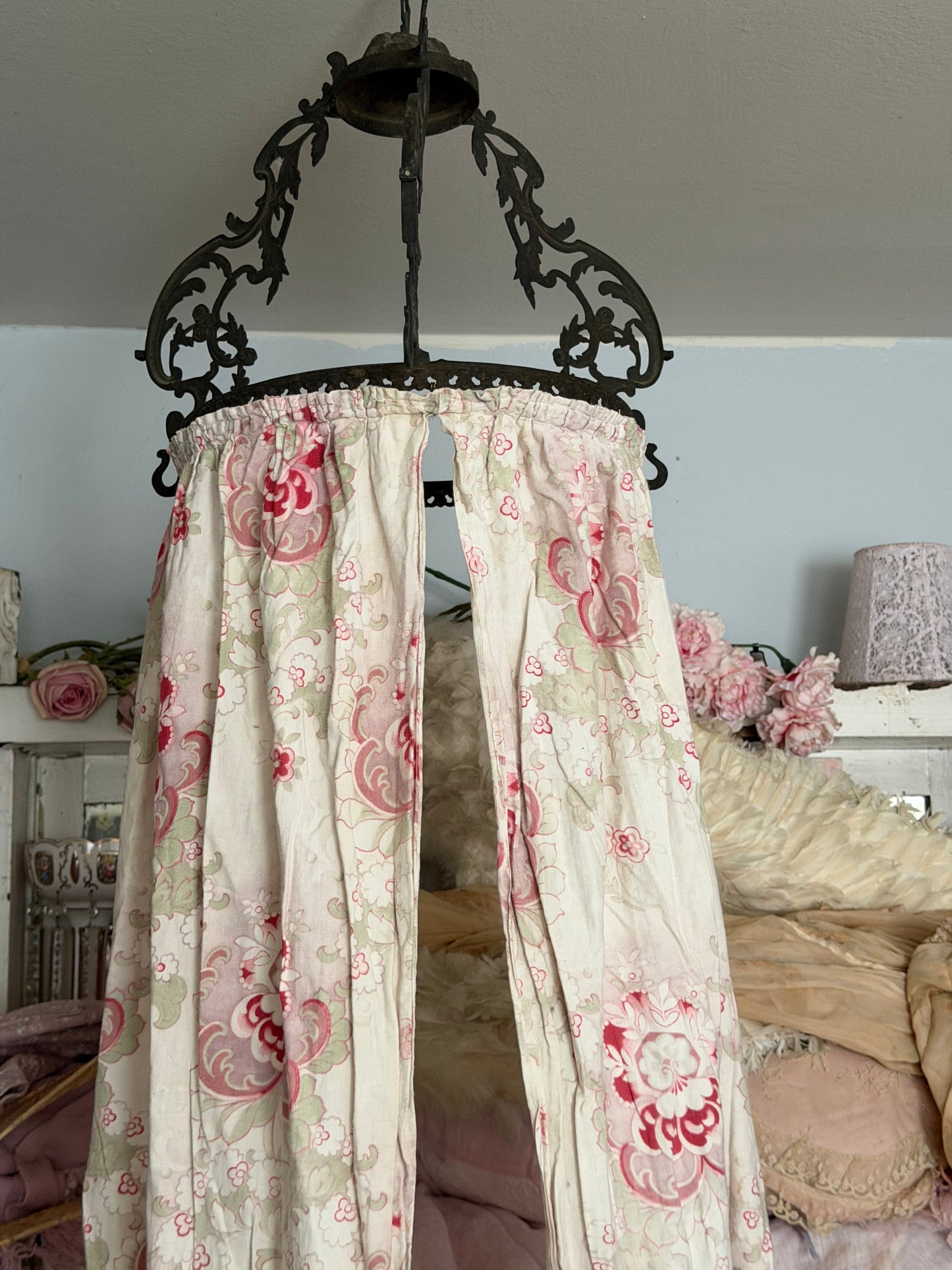 Antique French Ceil De Lit Canopy Pink Floral Panels