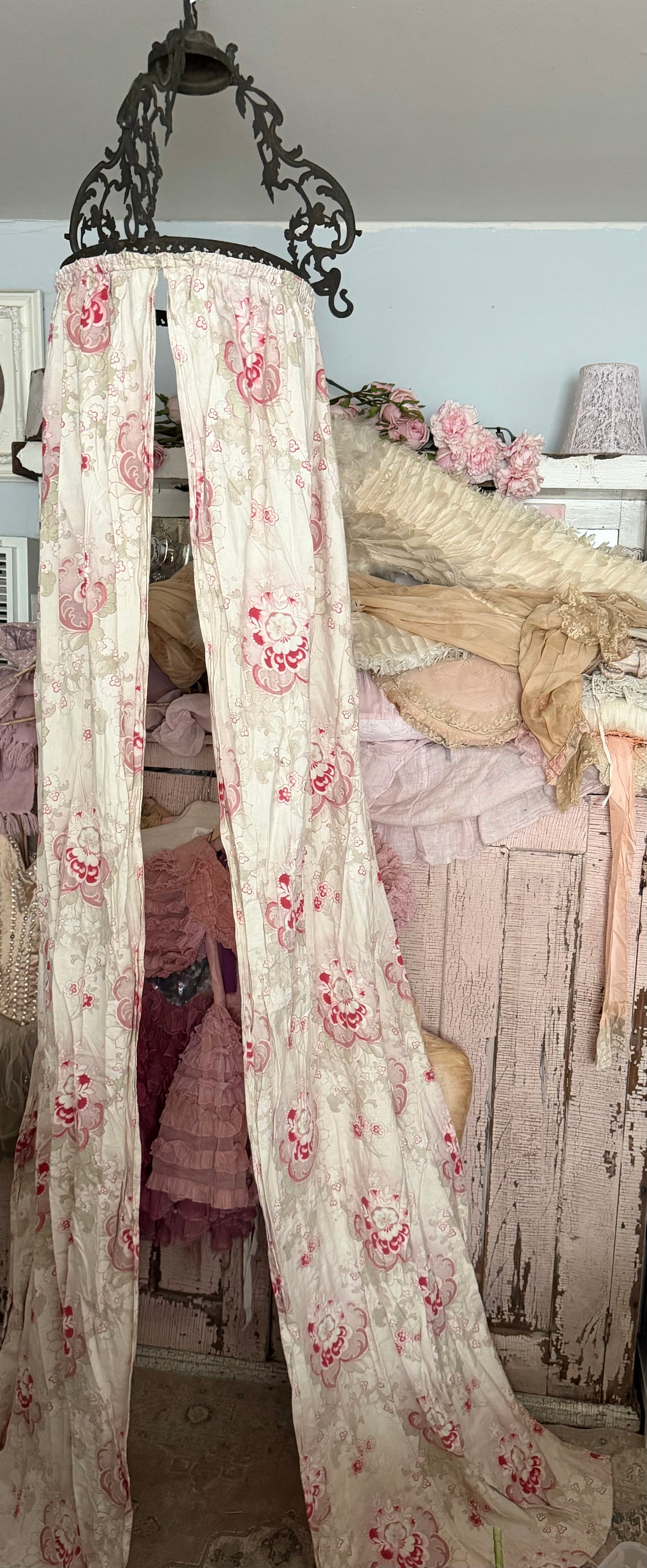 Antique French Ceil De Lit Canopy Pink Floral Panels