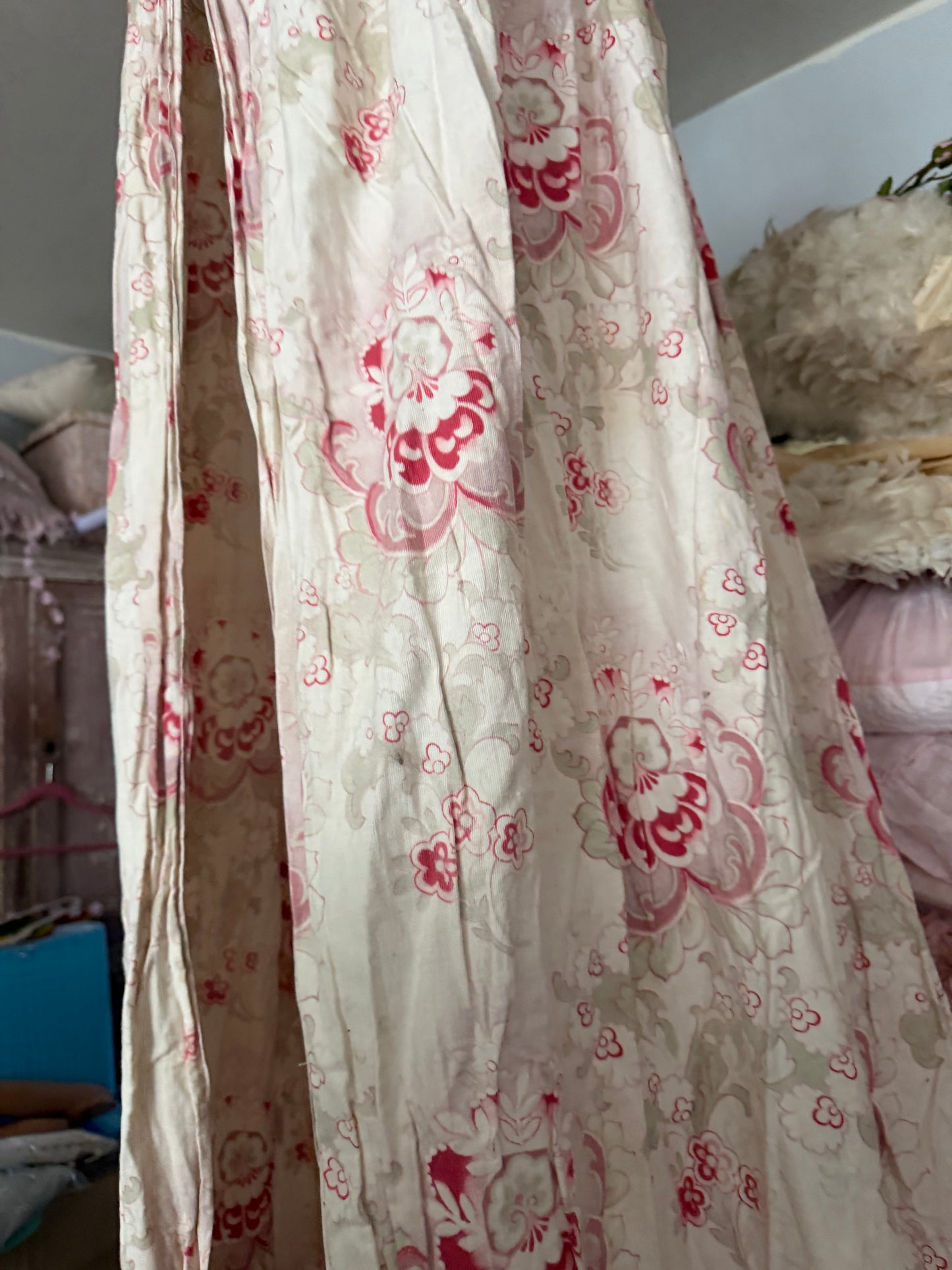 Antique French Ceil De Lit Canopy Pink Floral Panels