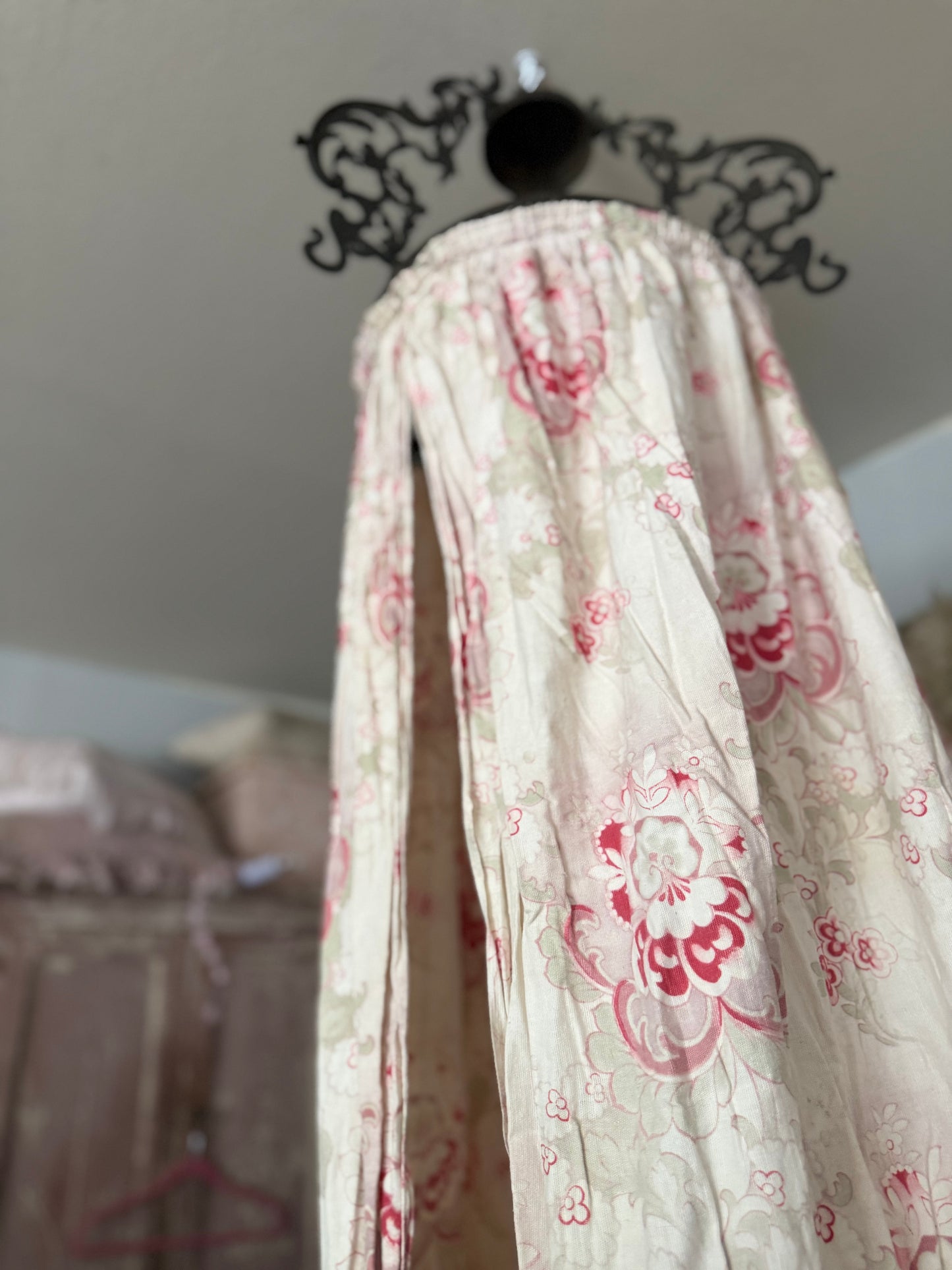 Antique French Ceil De Lit Canopy Pink Floral Panels