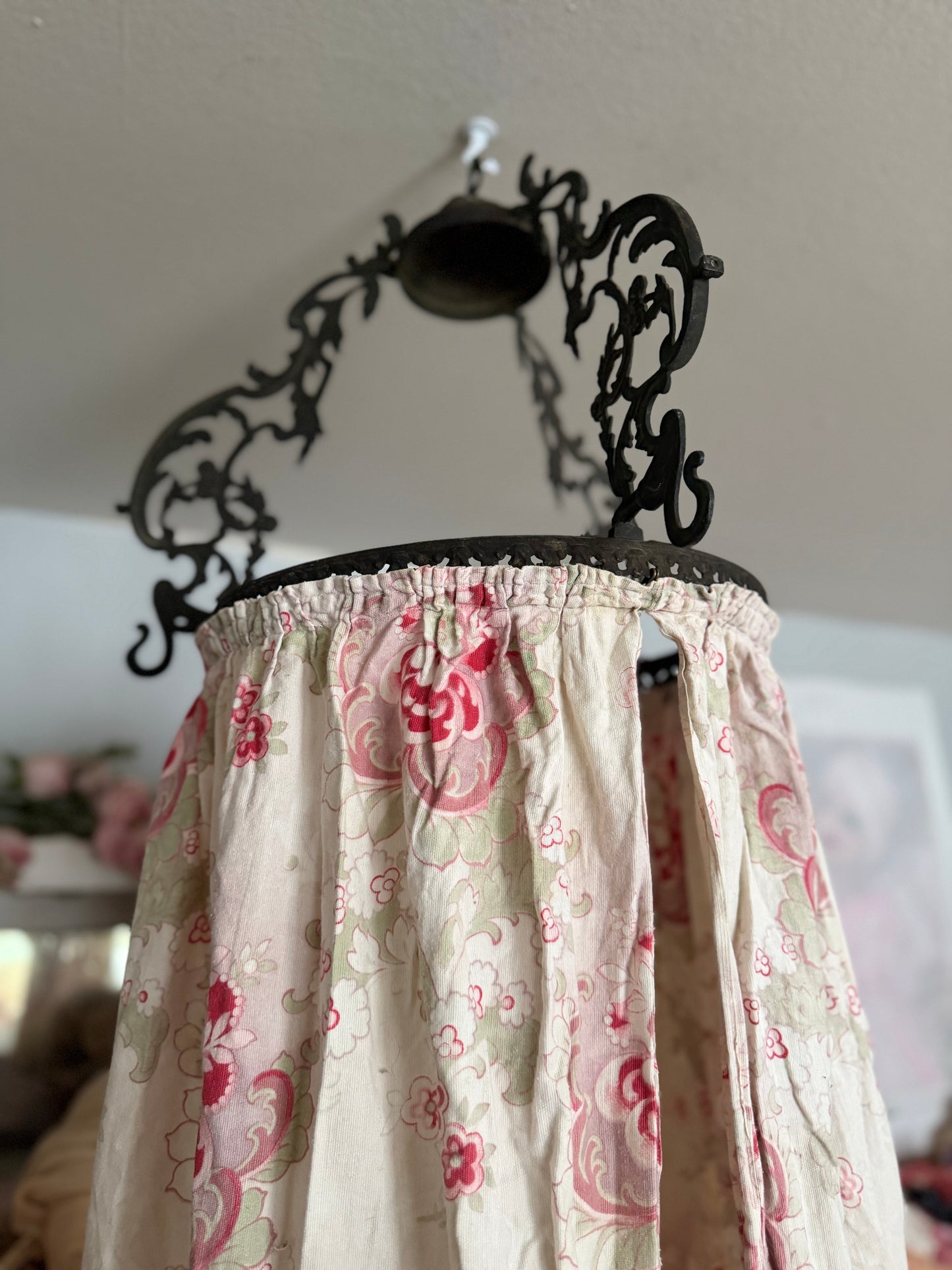 Antique French Ceil De Lit Canopy Pink Floral Panels