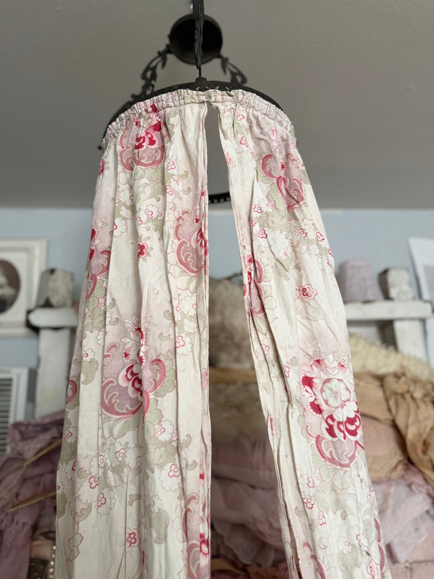 Antique French Ceil De Lit Canopy Pink Floral Panels