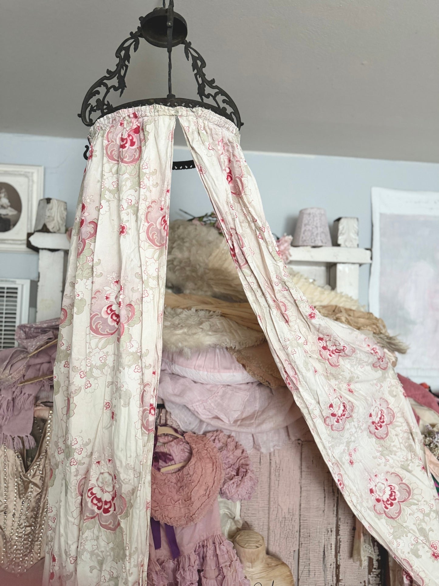 Antique French Ceil De Lit Canopy Pink Floral Panels