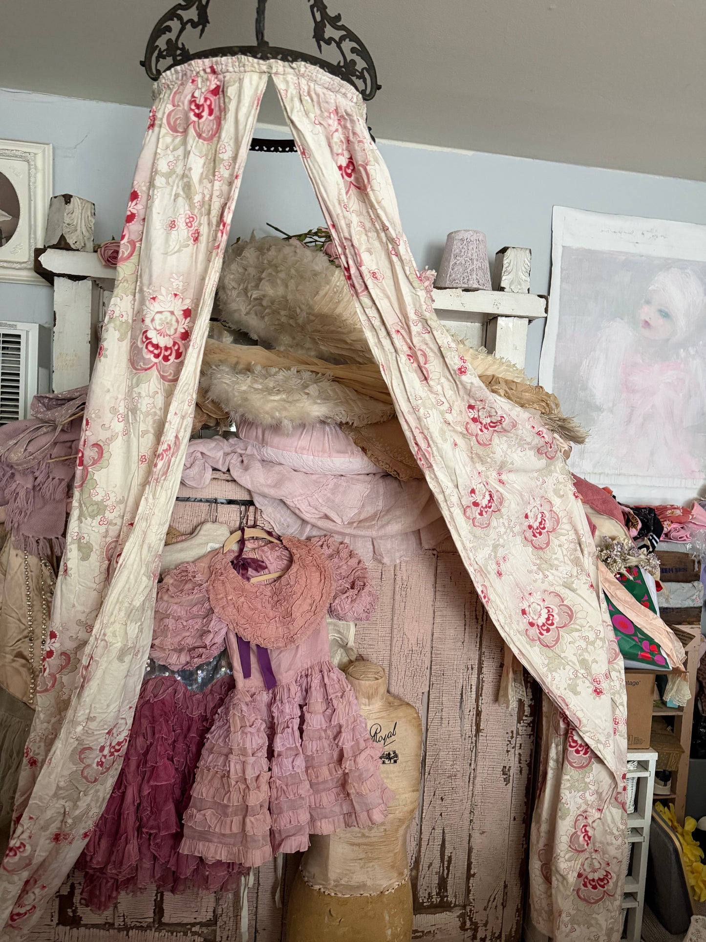 Antique French Ceil De Lit Canopy Pink Floral Panels