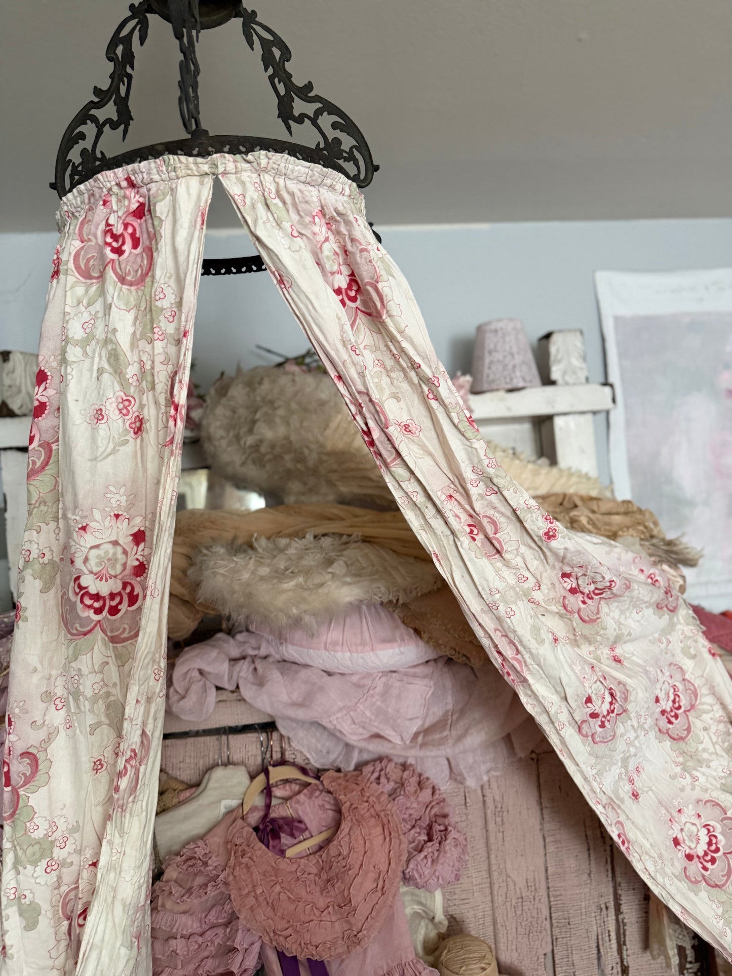 Antique French Ceil De Lit Canopy Pink Floral Panels
