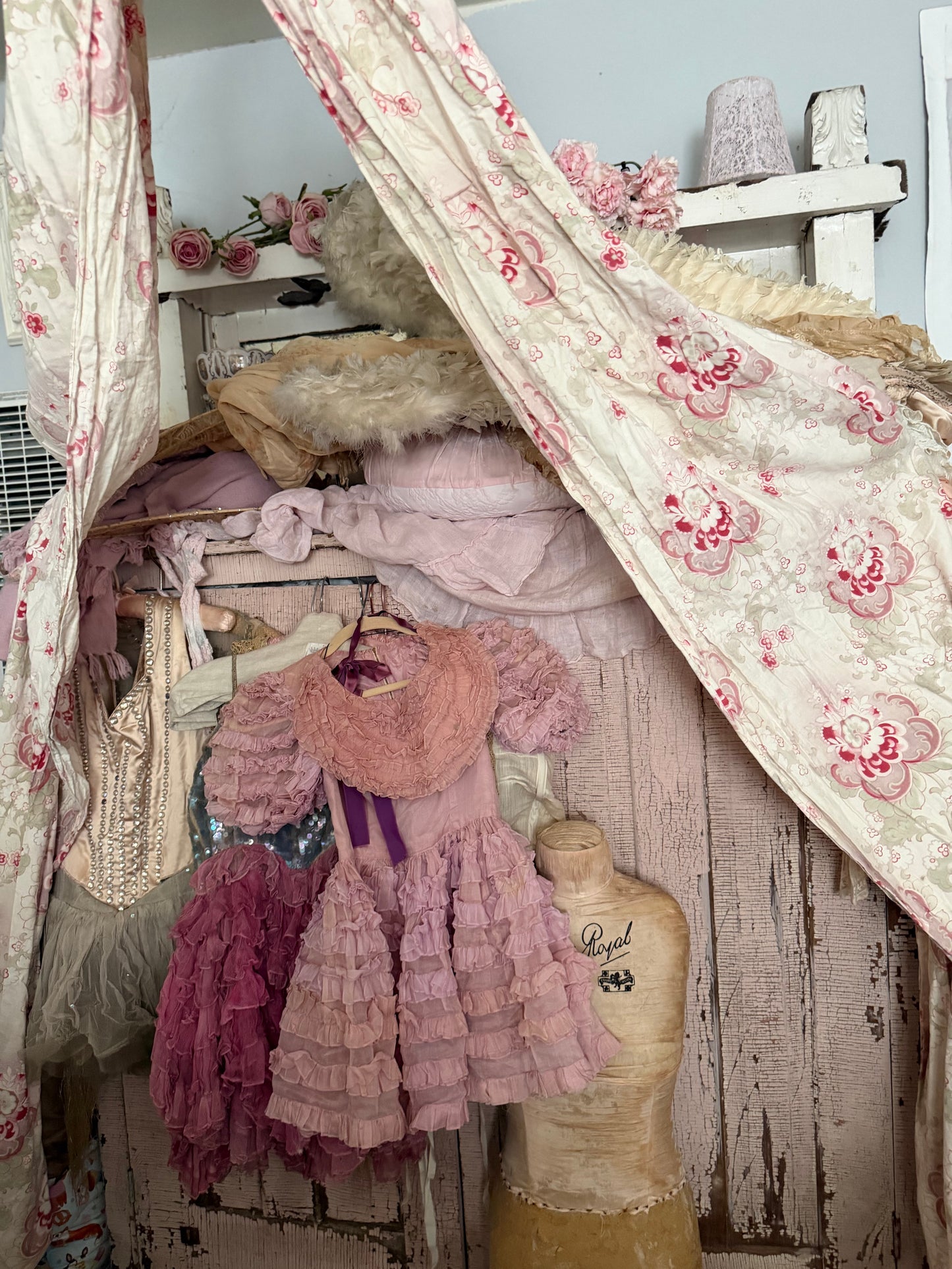 Antique French Ceil De Lit Canopy Pink Floral Panels