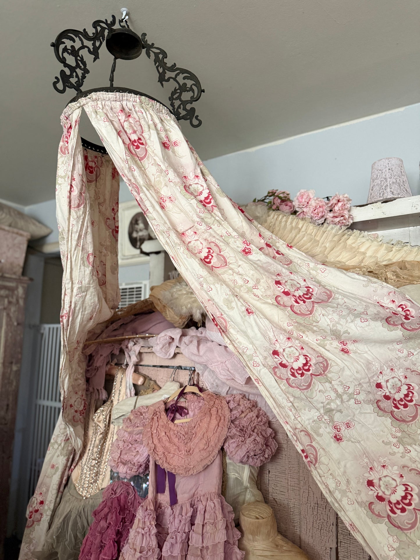 Antique French Ceil De Lit Canopy Pink Floral Panels