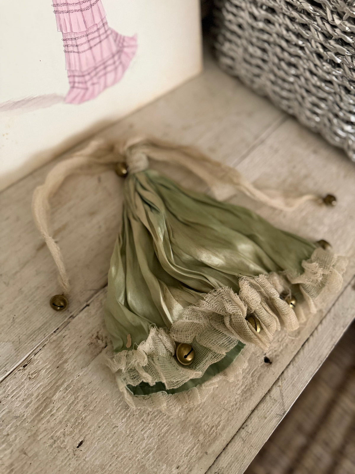 Antique French Green Silk Jester Costume Hat