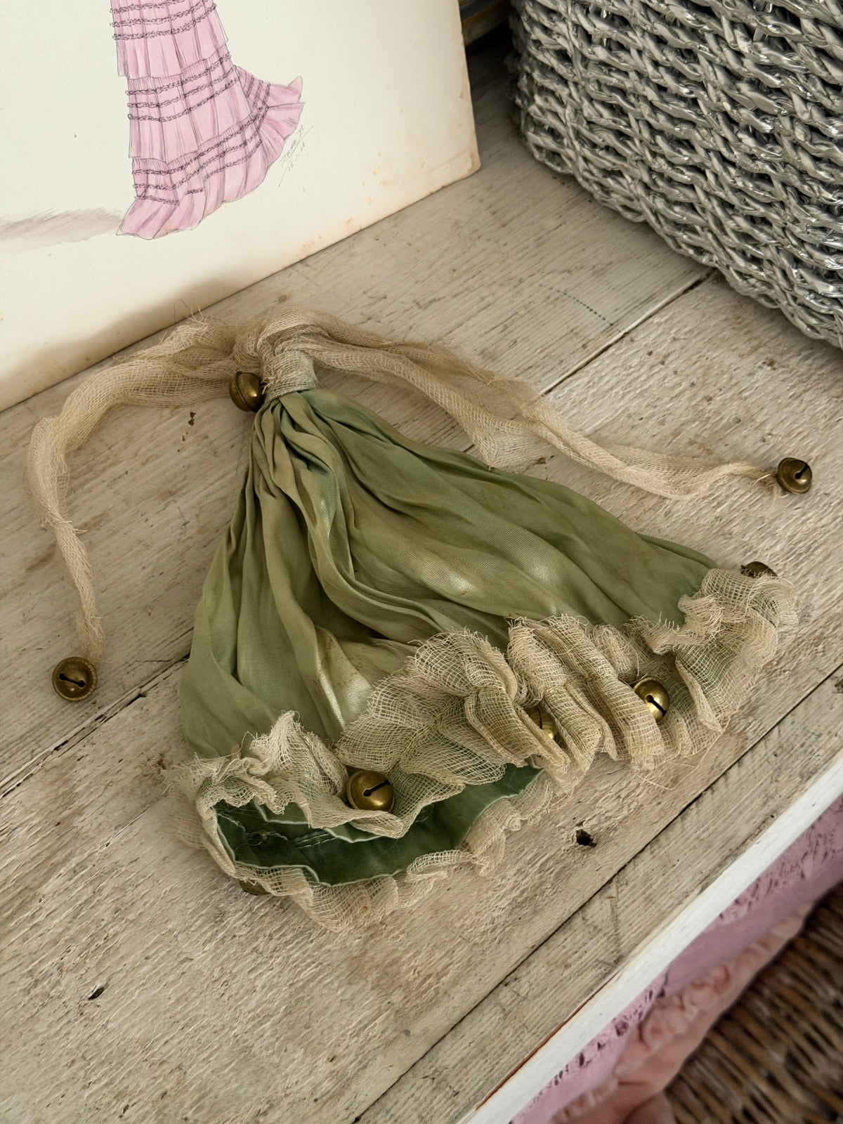 Antique French Green Silk Jester Costume Hat