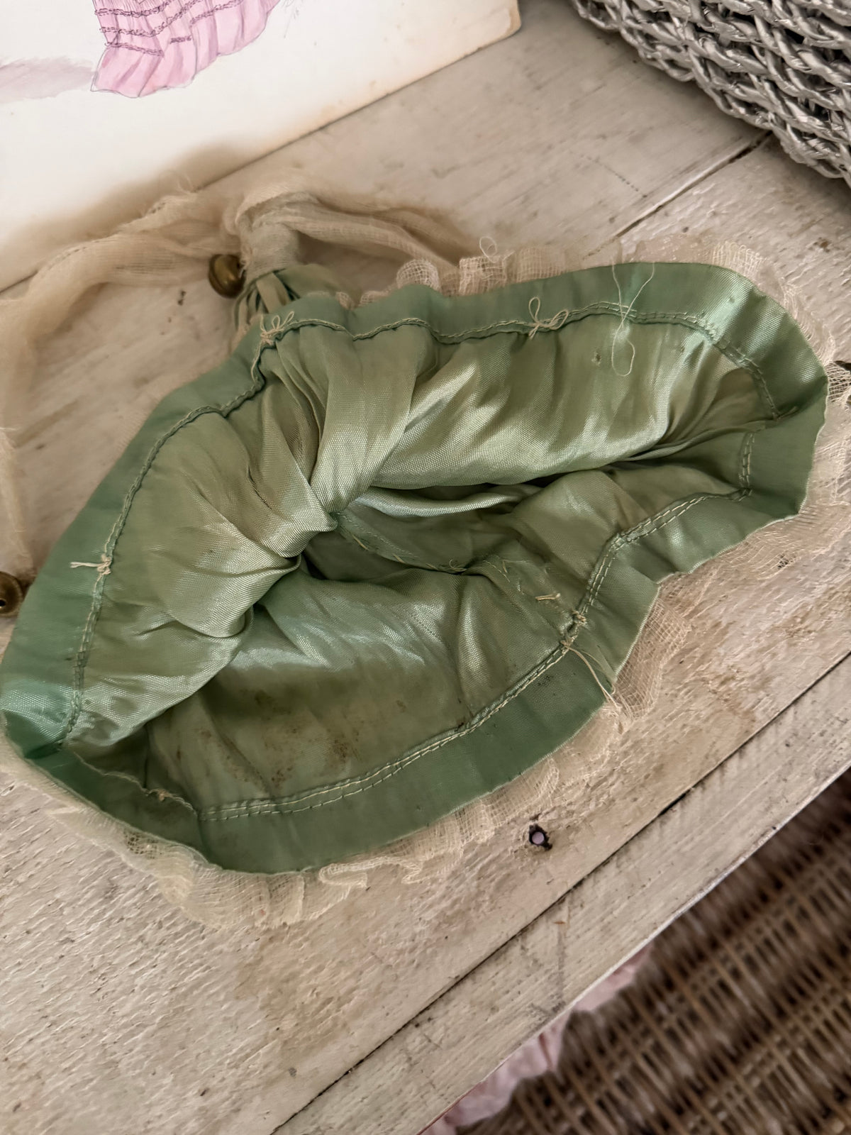 Antique French Green Silk Jester Costume Hat
