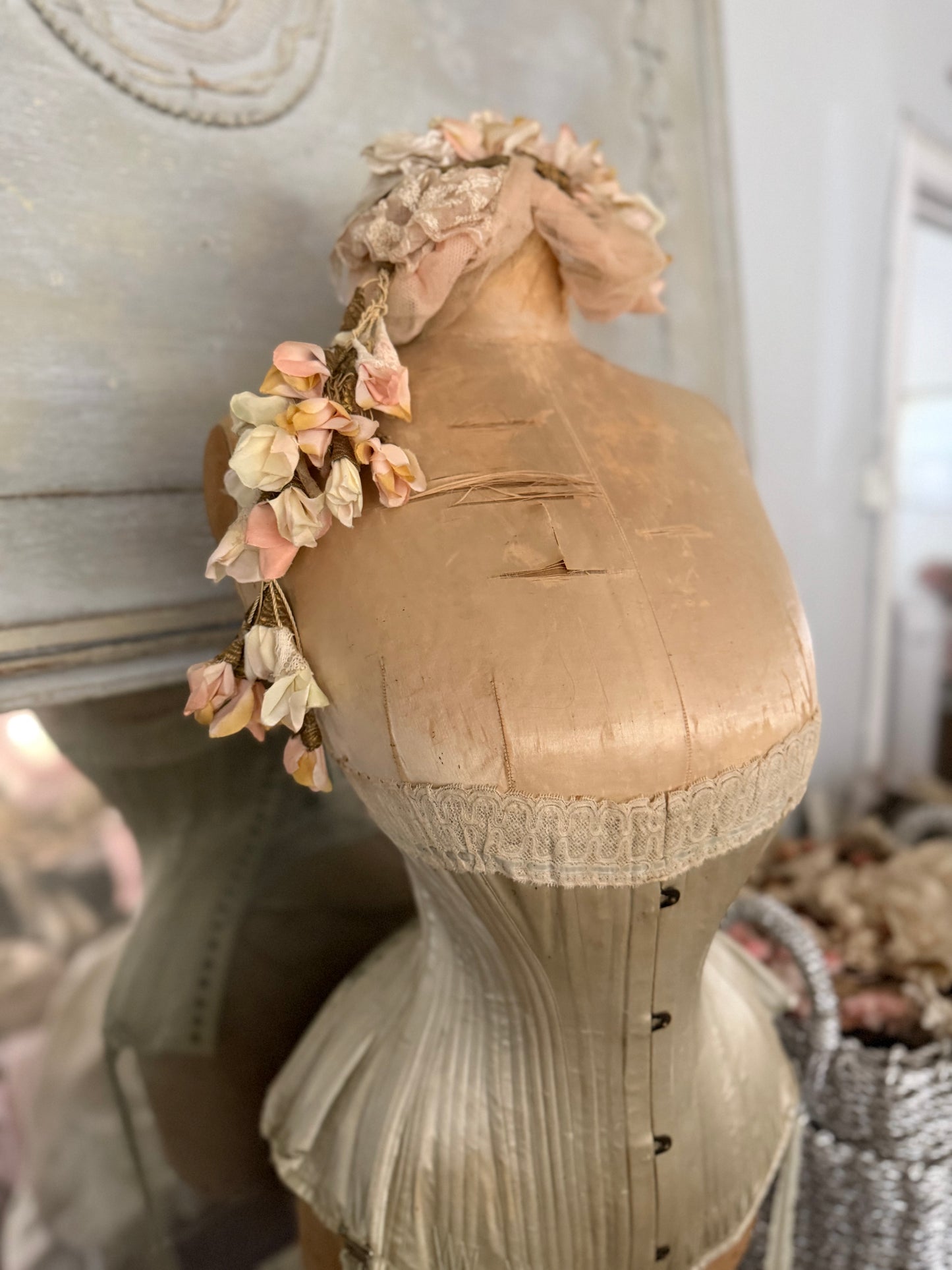 Antique Tabletop Wasp Waist Corset Mannequin Blue Silk Garters