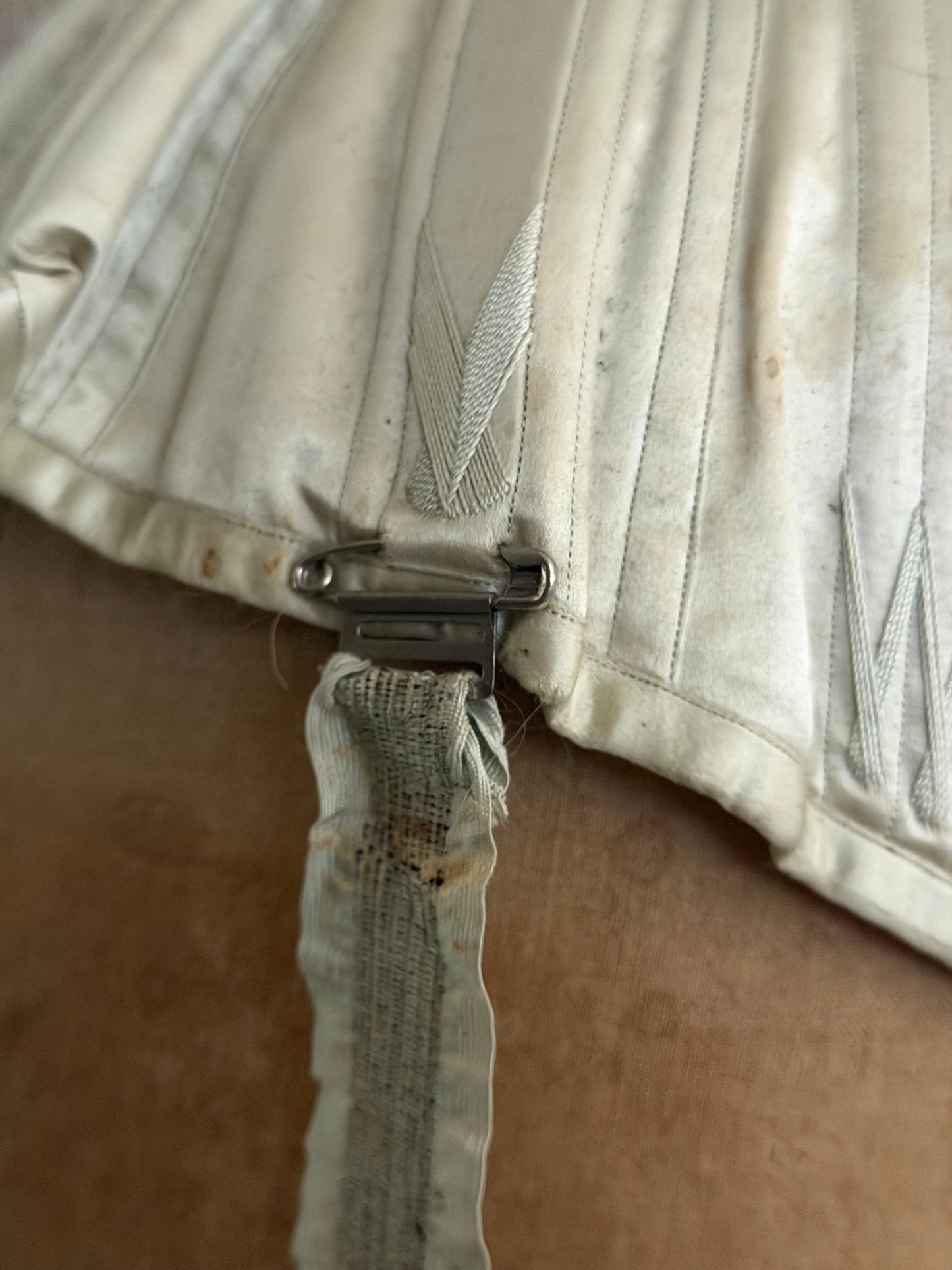 Antique Tabletop Wasp Waist Corset Mannequin Blue Silk Garters