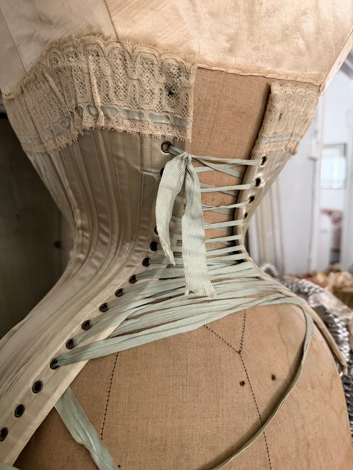 Antique Tabletop Wasp Waist Corset Mannequin Blue Silk Garters