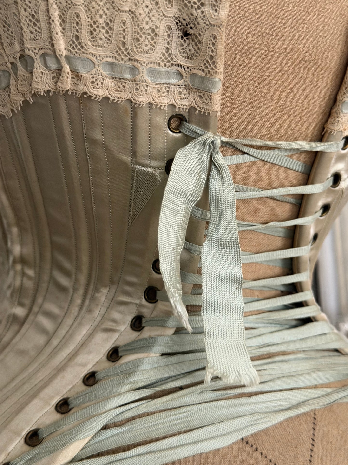 Antique Tabletop Wasp Waist Corset Mannequin Blue Silk Garters