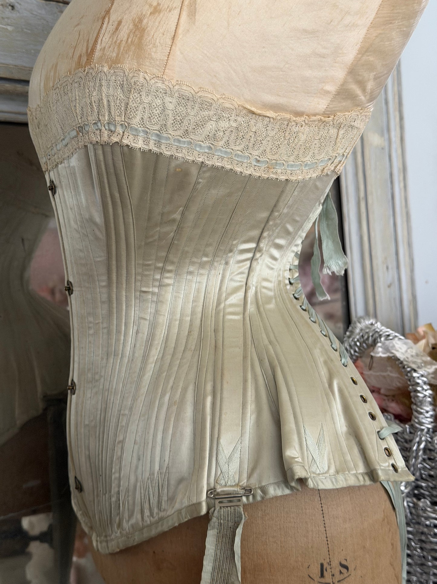 Antique Tabletop Wasp Waist Corset Mannequin Blue Silk Garters