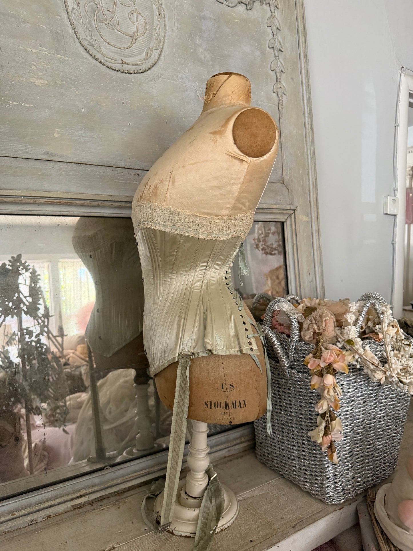 Antique Tabletop Wasp Waist Corset Mannequin Blue Silk Garters