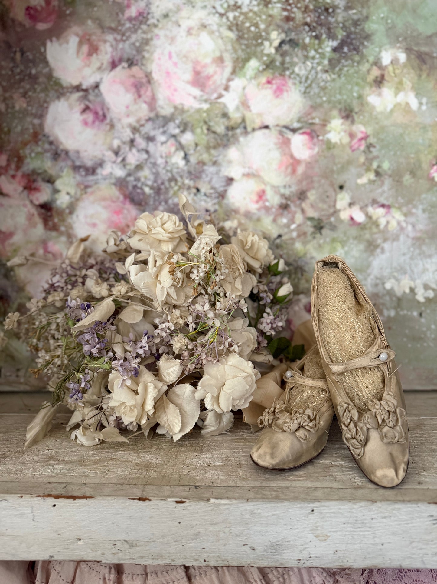 Antique Silk Shoes With Ribbonwork Rosettes
