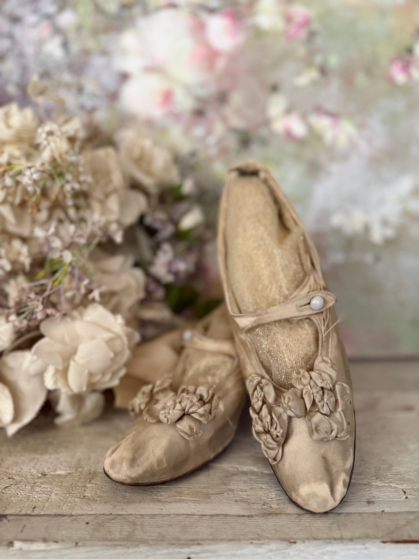 Antique Silk Shoes With Ribbonwork Rosettes