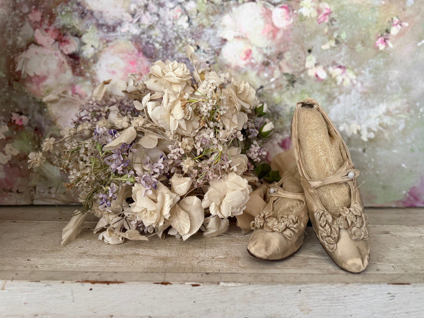 Antique Silk Shoes With Ribbonwork Rosettes