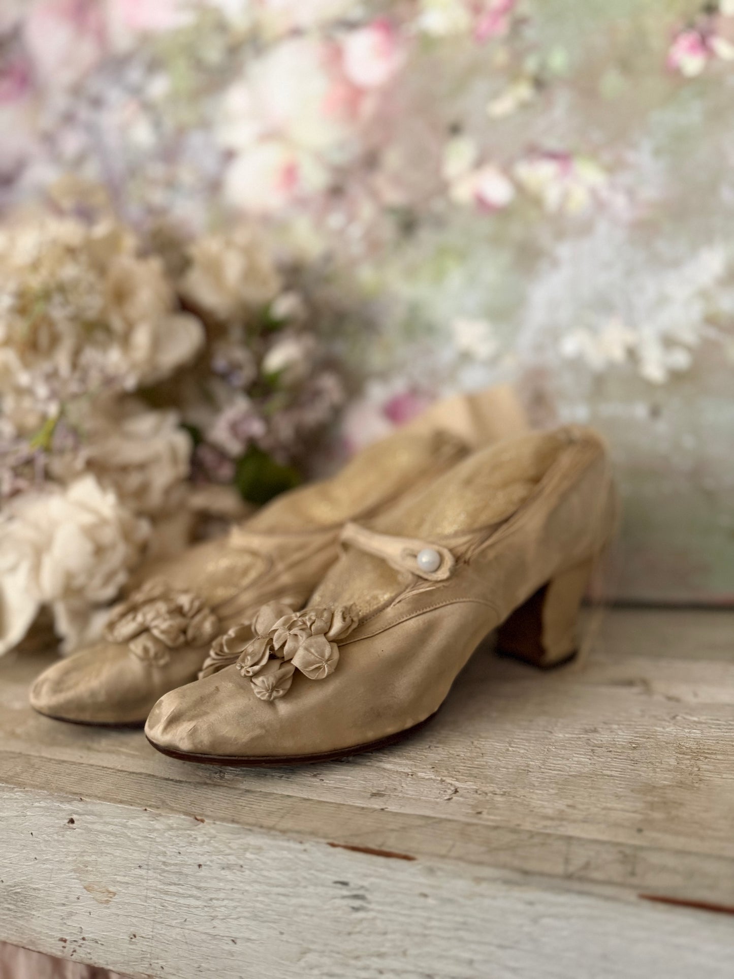 Antique Silk Shoes With Ribbonwork Rosettes