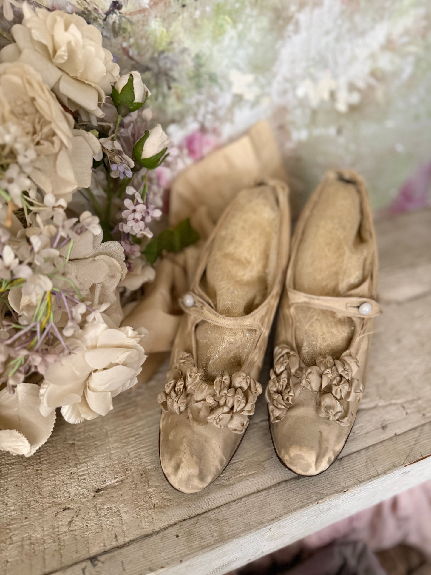 Antique Silk Shoes With Ribbonwork Rosettes