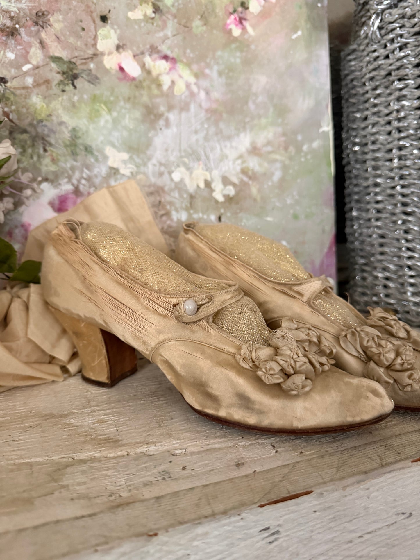 Antique Silk Shoes With Ribbonwork Rosettes