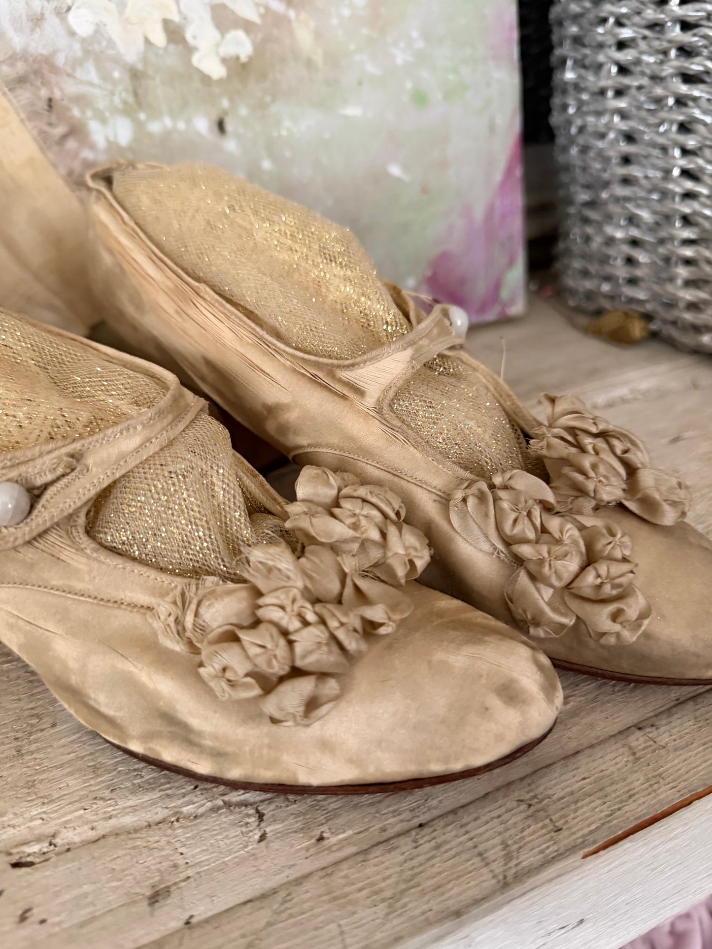 Antique Silk Shoes With Ribbonwork Rosettes