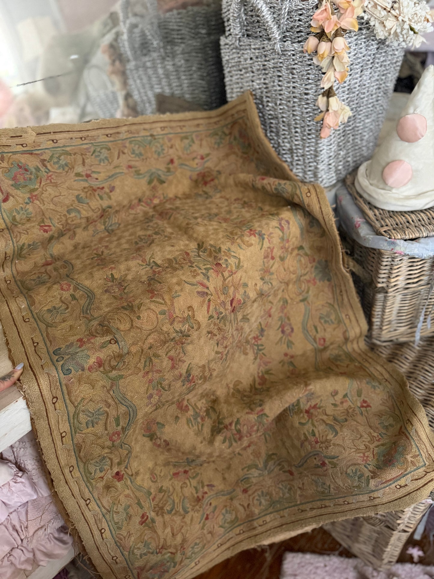 Antique Shabby Pastel Embroidered Floral Rug